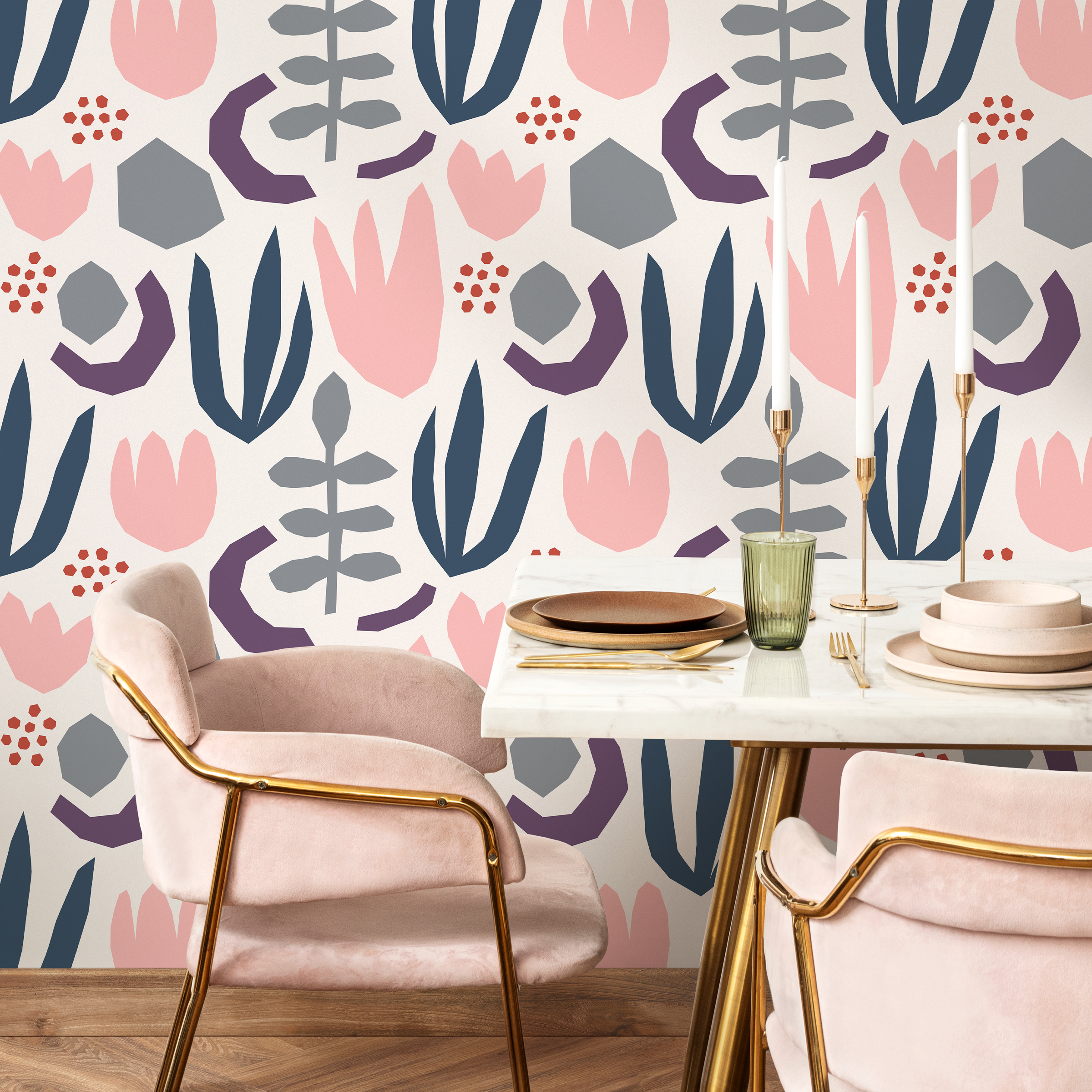 Abstract Wallpaper With Scandinavian Cutout Florals In Blue, Pink, And Grey - B454