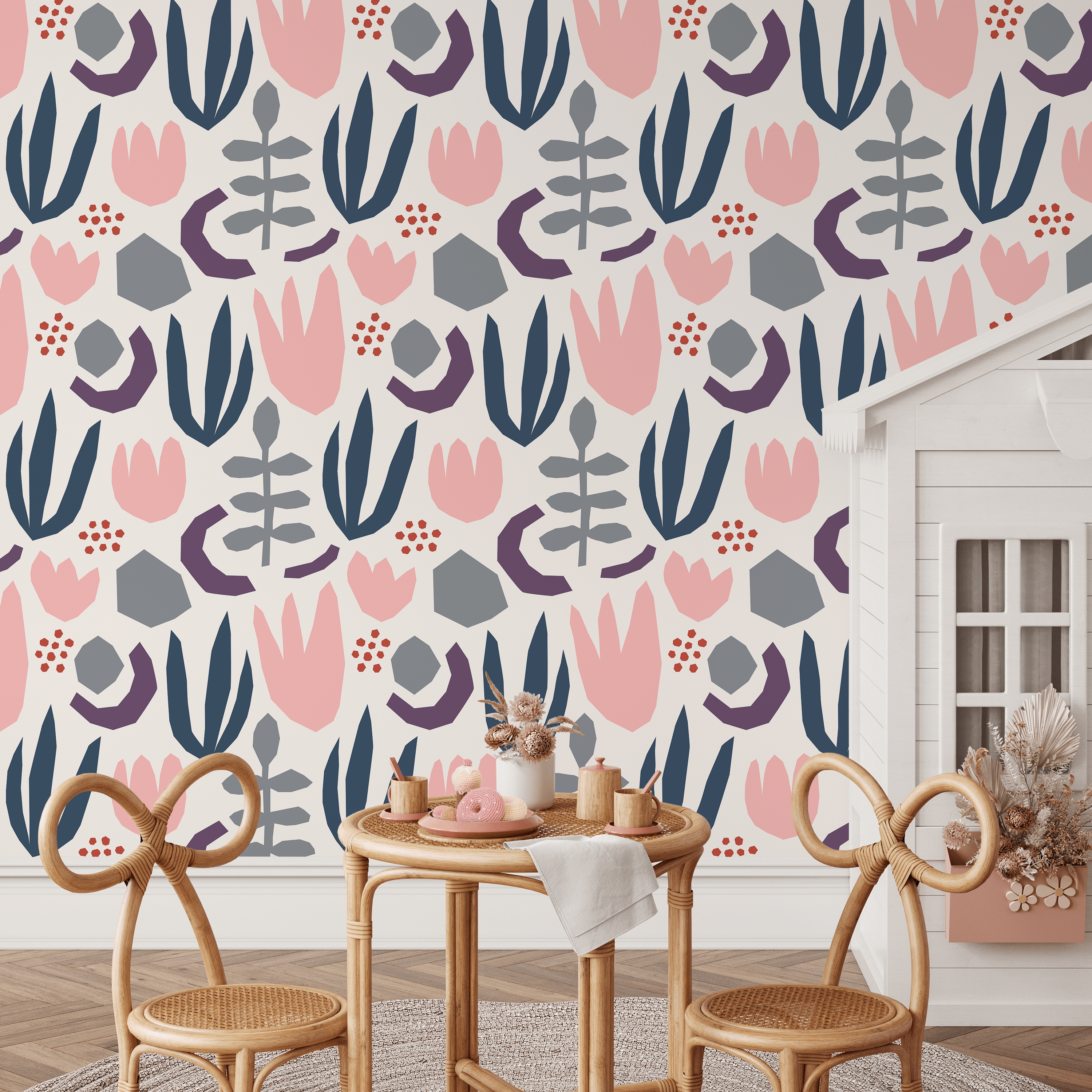 Abstract Wallpaper With Scandinavian Cutout Florals In Blue, Pink, And Grey - B454