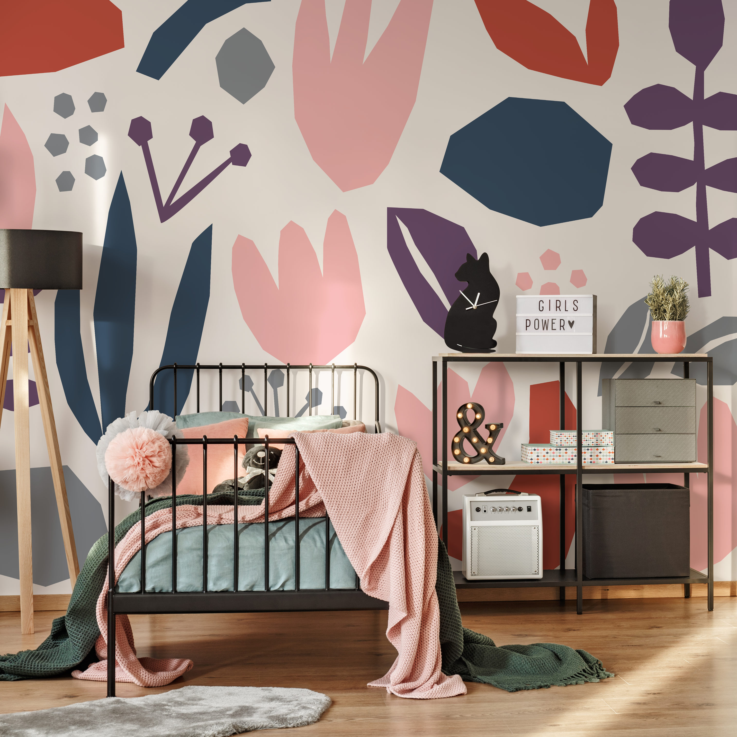 Abstract Wallpaper With Paper Cut-out Botanicals In Navy Blue, Pink, And Purple - B455