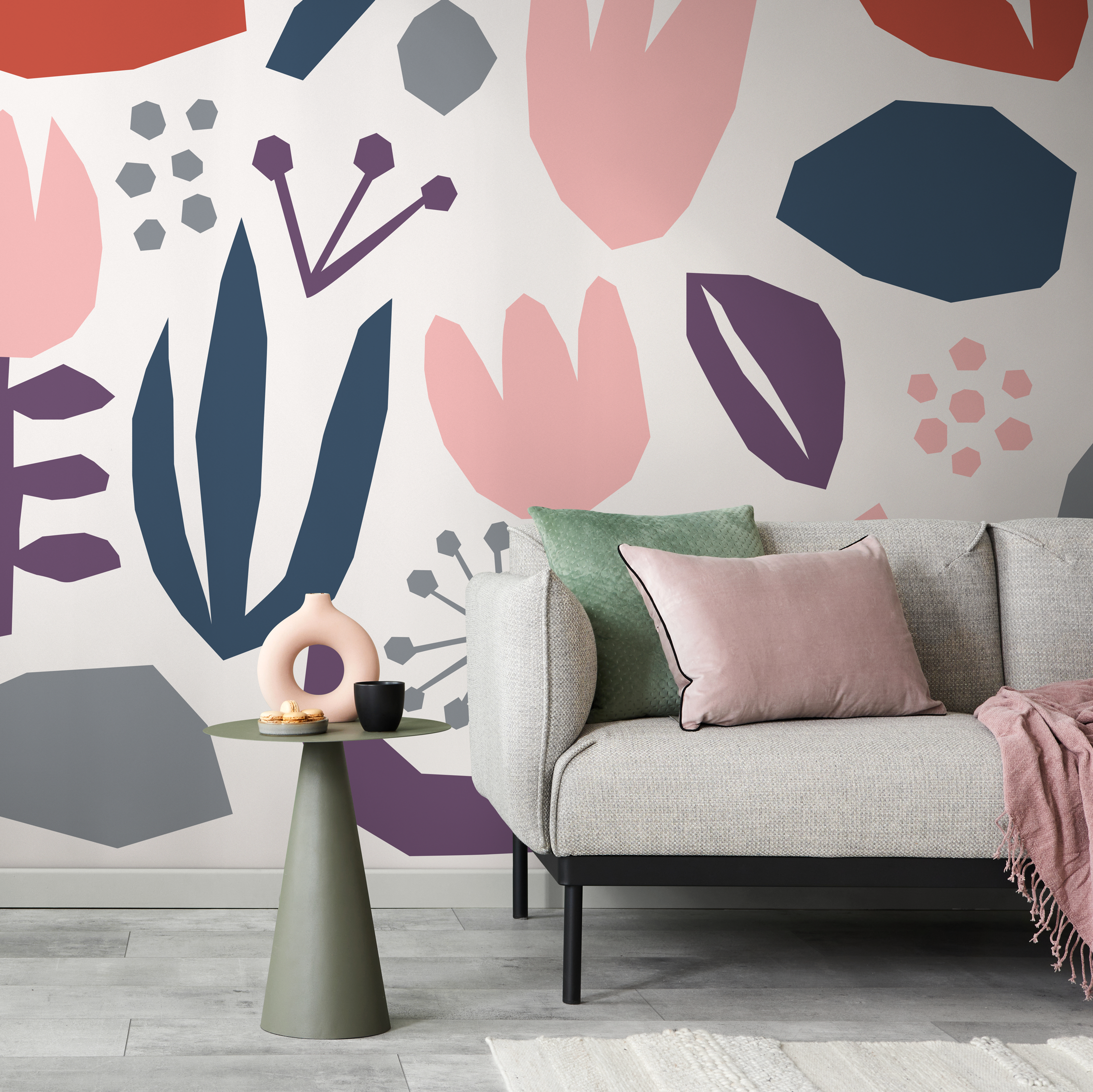 Abstract Wallpaper With Paper Cut-out Botanicals In Navy Blue, Pink, And Purple - B455