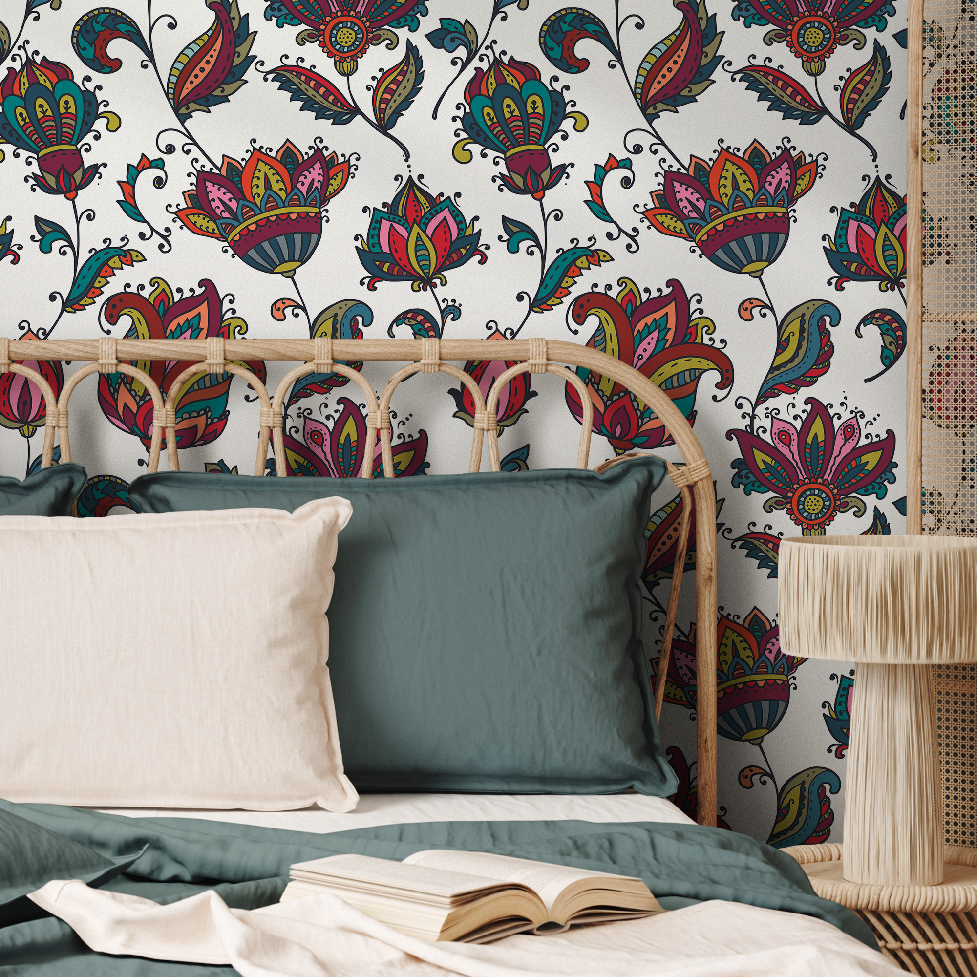 Floral Wallpaper With Ornamental Blooms In Red, Teal, And Pink - B456
