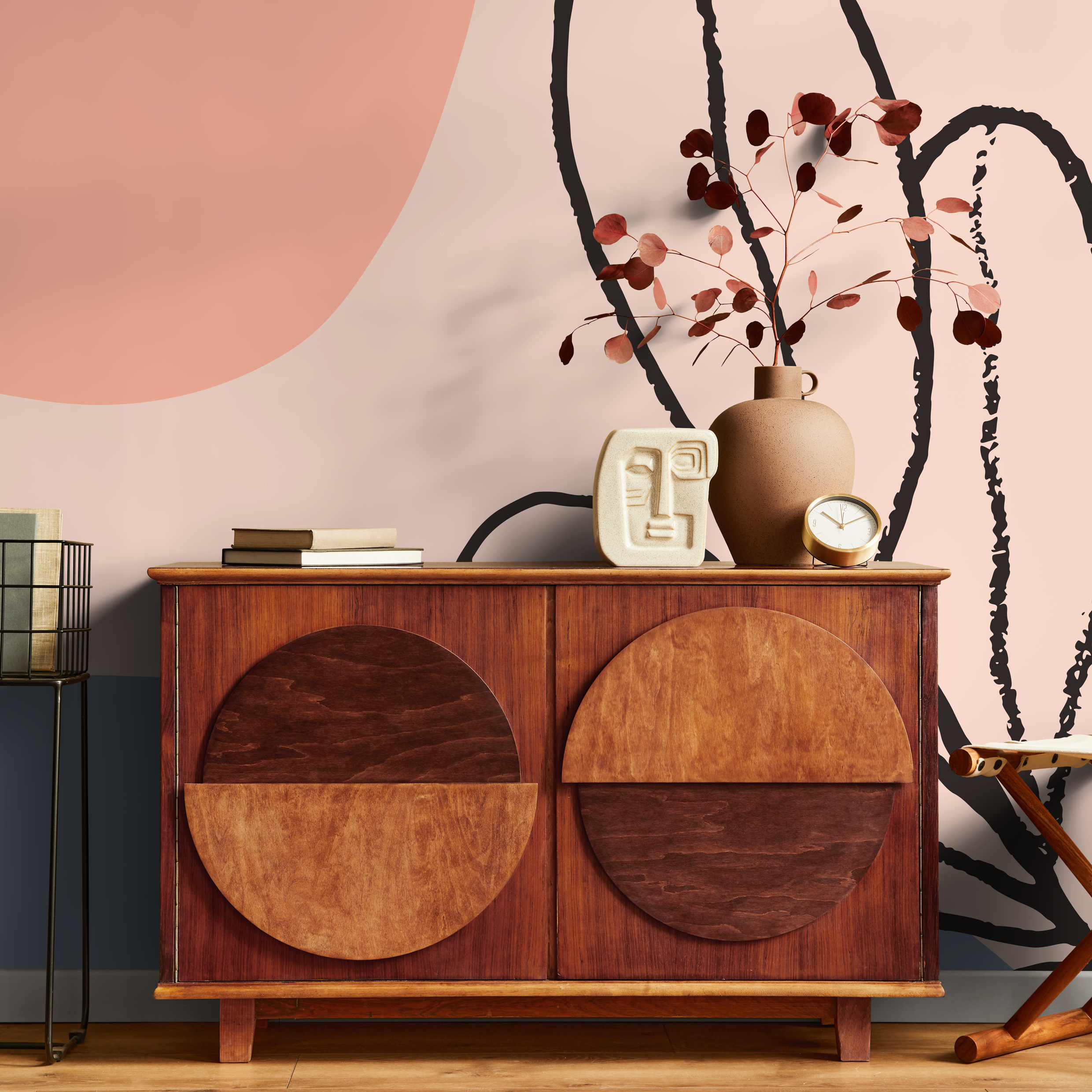 Abstract Wallpaper With Botanical Line Art In Pink, Terracotta, And Blue - B457