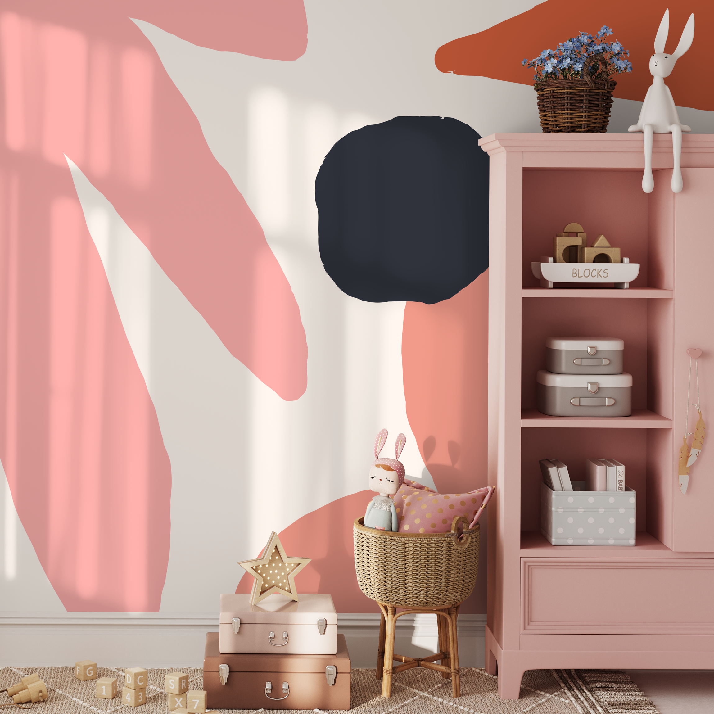 Abstract Wallpaper With Bold Organic Shapes In Pink, Orange, And Navy - B459