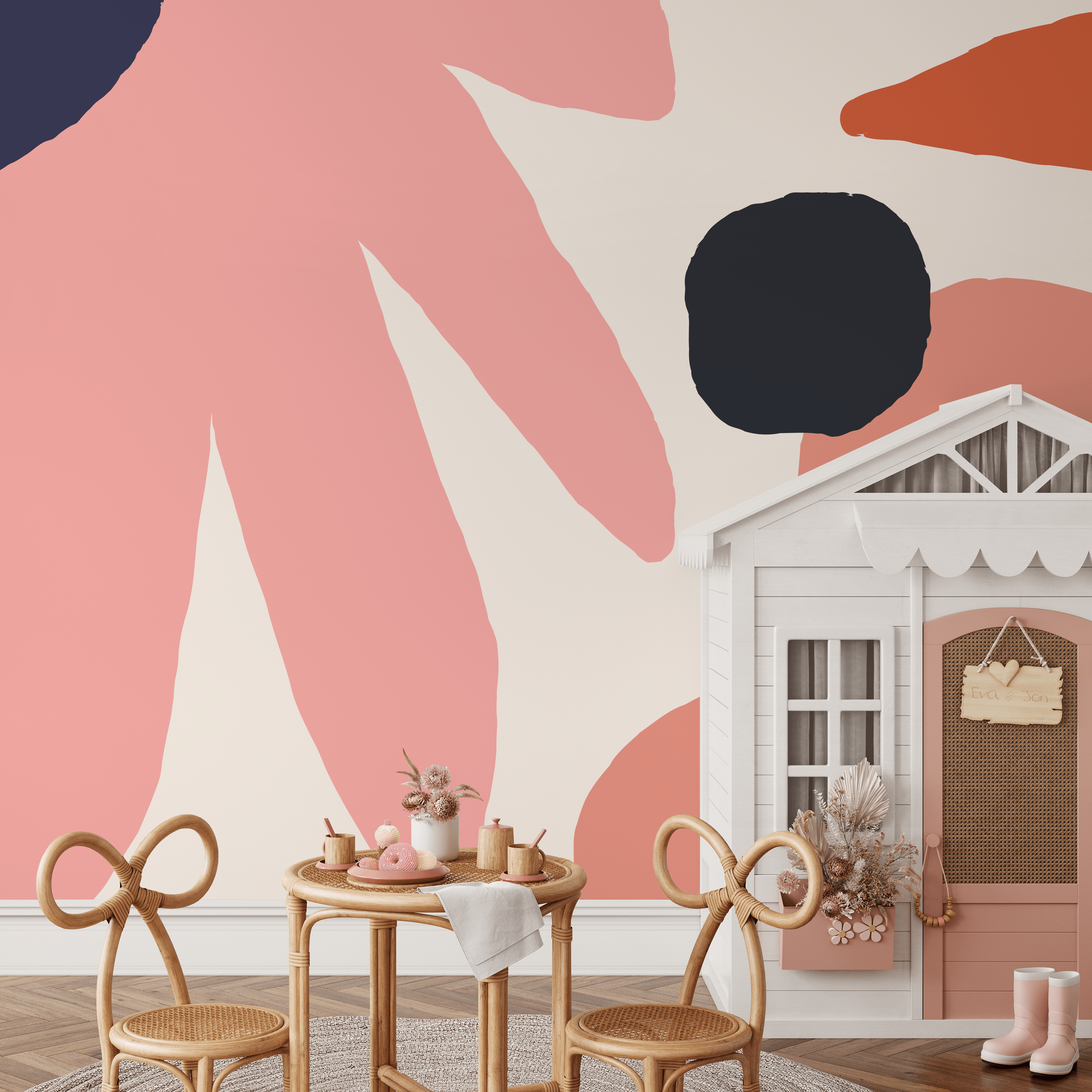 Abstract Wallpaper With Bold Organic Shapes In Pink, Orange, And Navy - B459