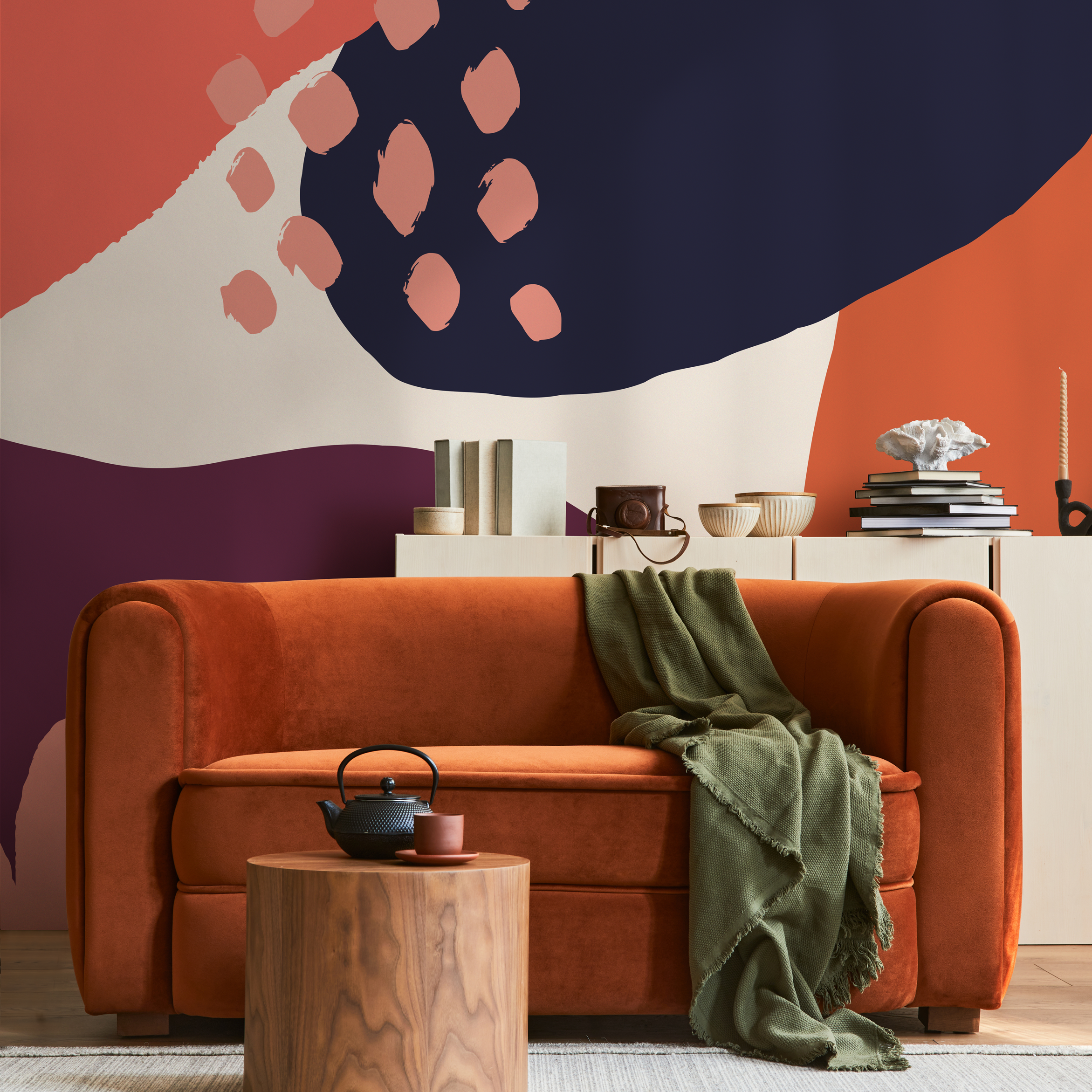 Abstract Wallpaper With Bold Organic Shapes In Blue, Orange, And Purple - B460