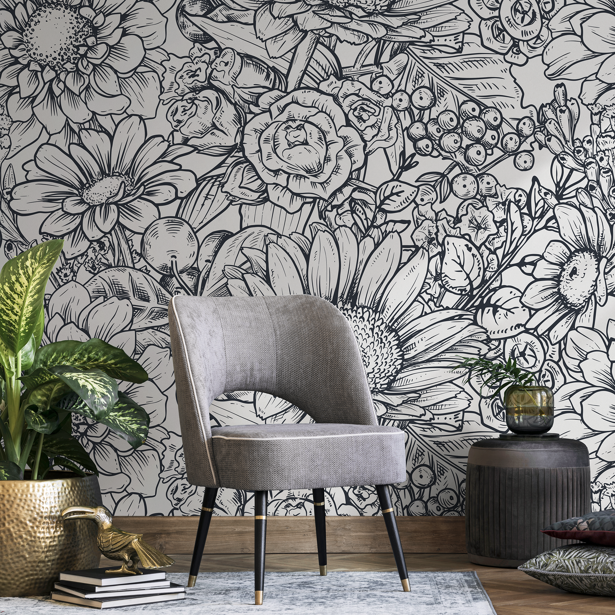 Floral Wallpaper Featuring A Hand-drawn Botanical Illustration In Black And White - B461