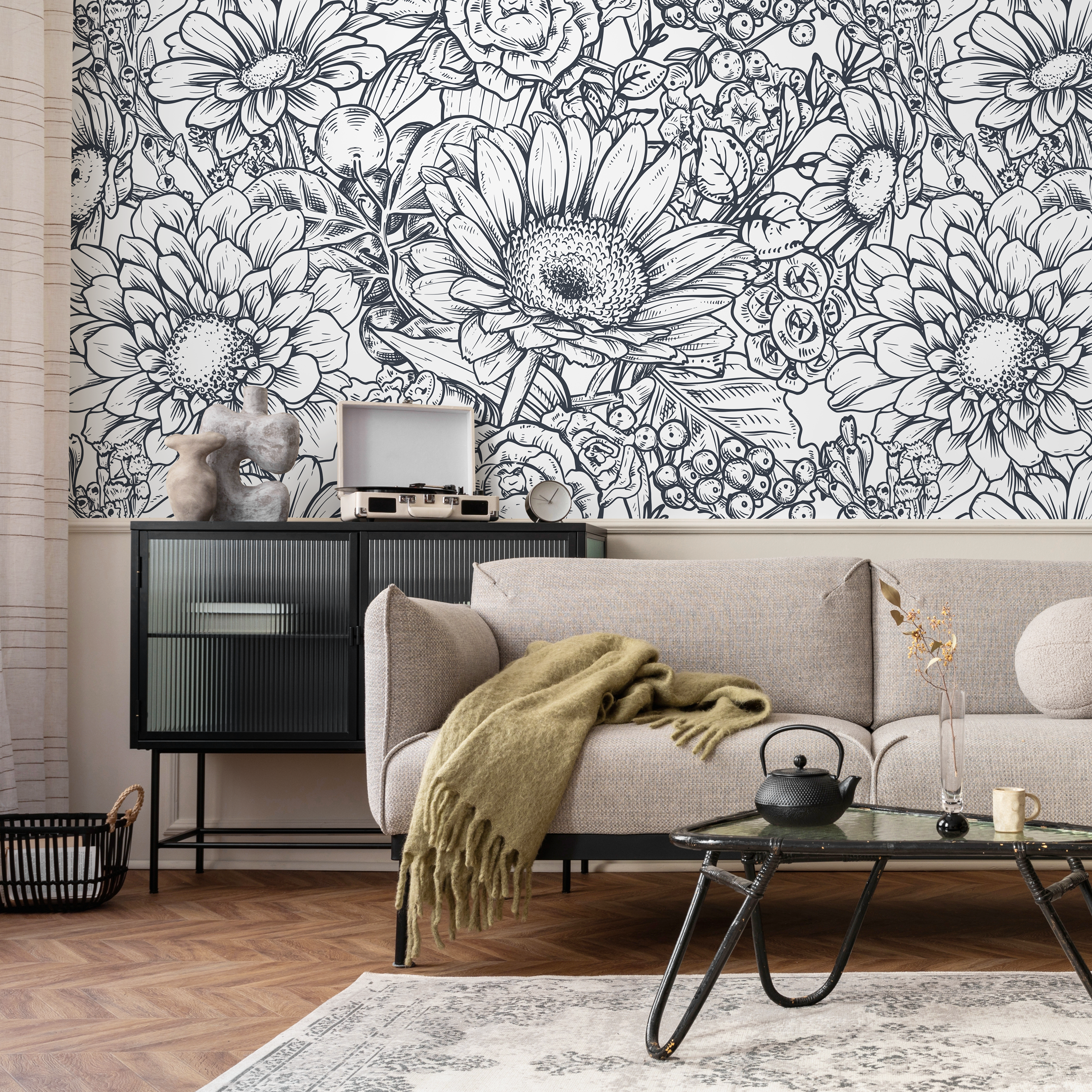 Floral Wallpaper Featuring A Hand-drawn Botanical Illustration In Black And White - B461