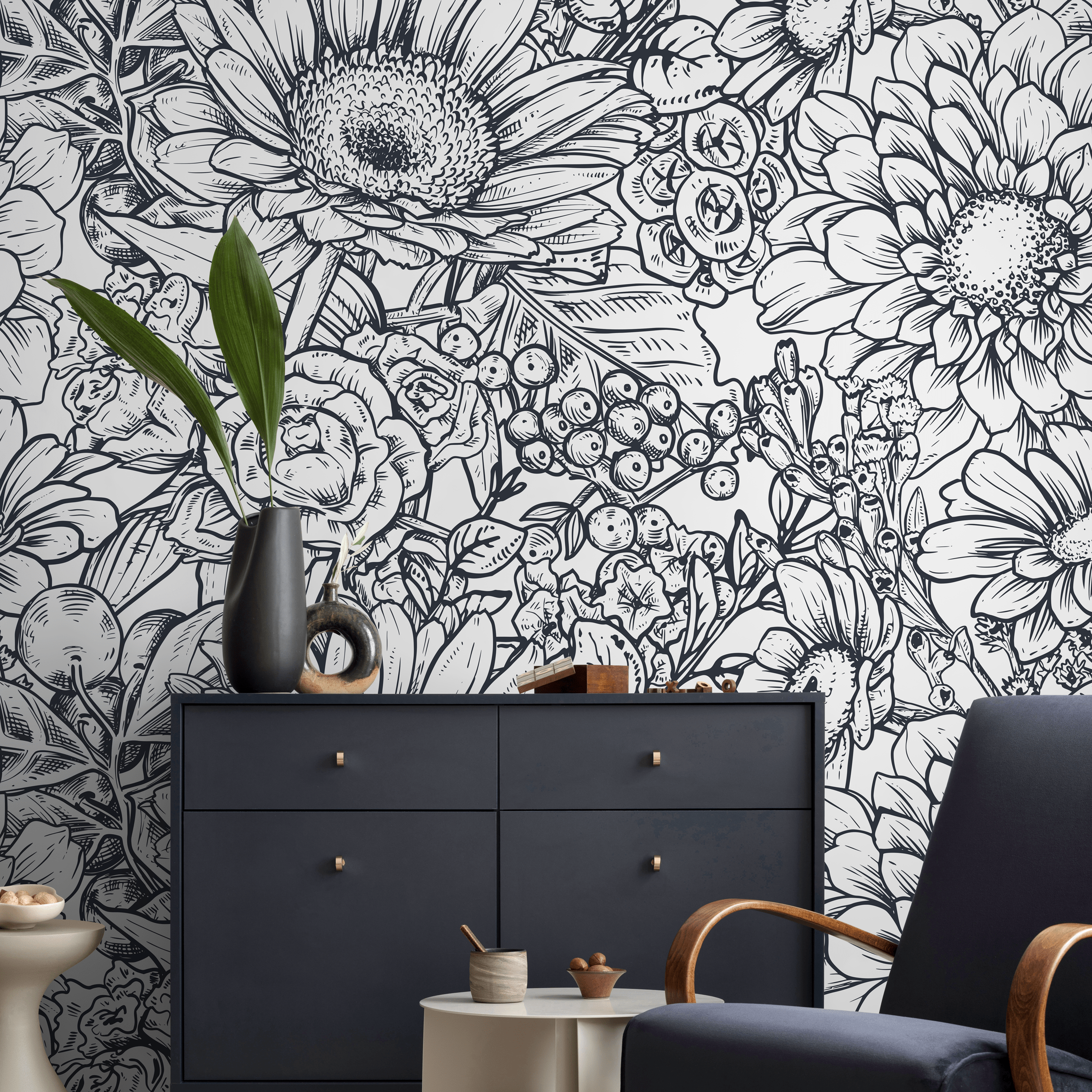 Floral Wallpaper Featuring A Hand-drawn Botanical Illustration In Black And White - B461