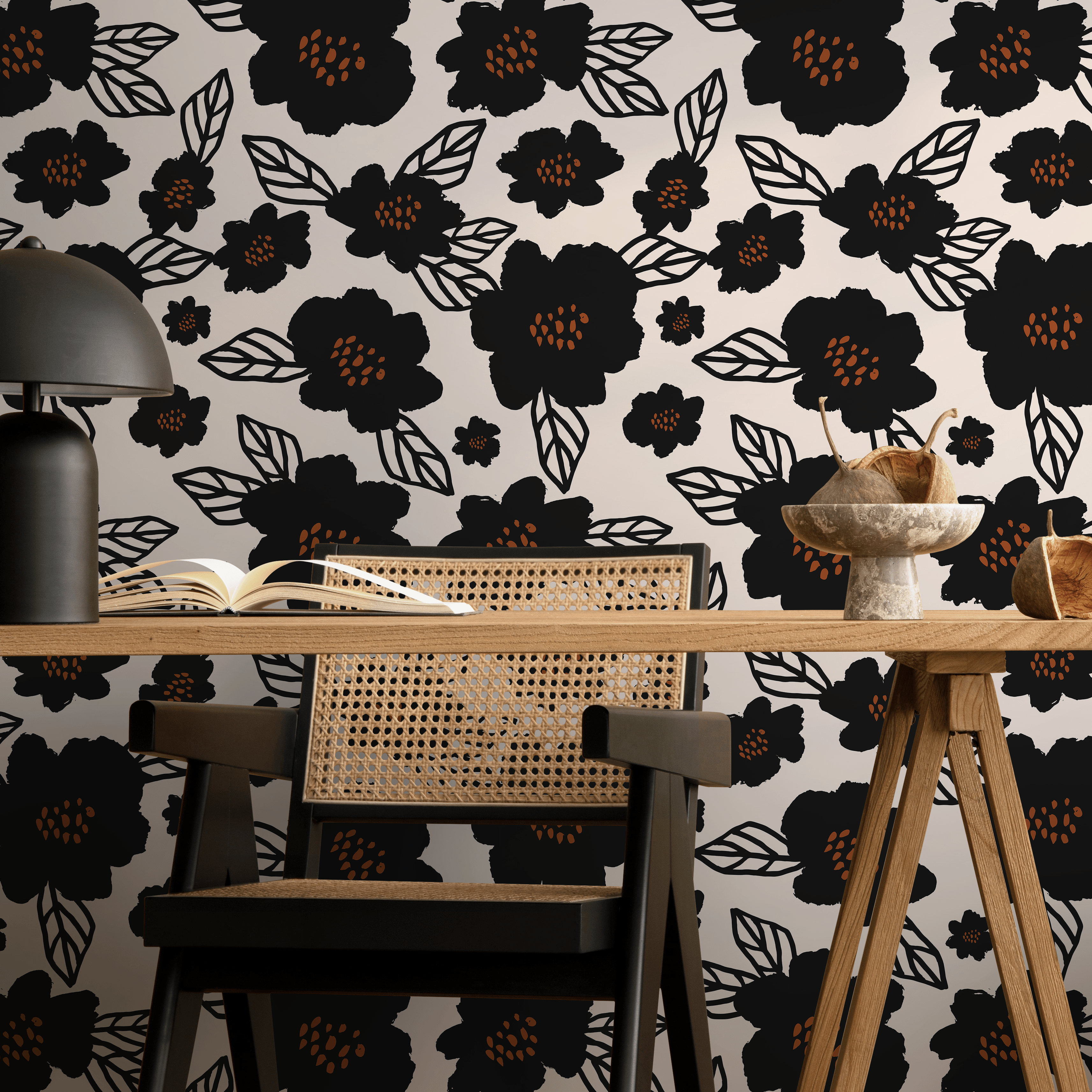 Floral Wallpaper With Bold Stylized Blossoms In Black And Brown - B462