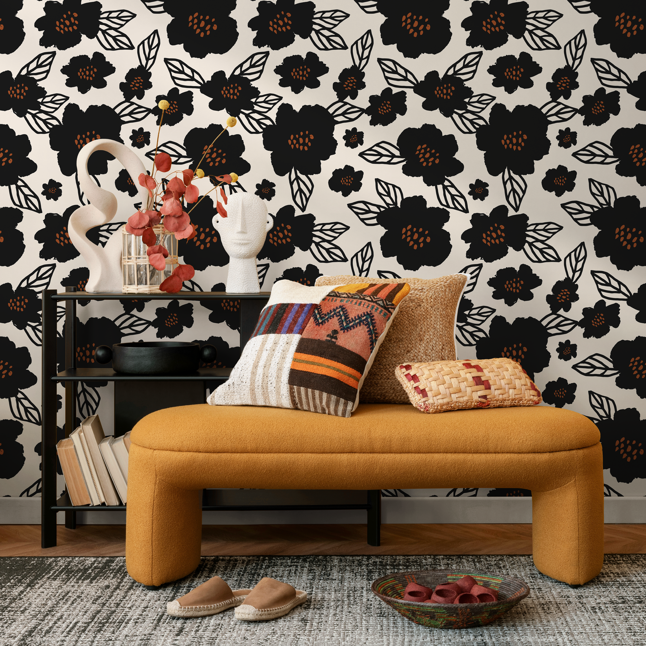 Floral Wallpaper With Bold Stylized Blossoms In Black And Brown - B462