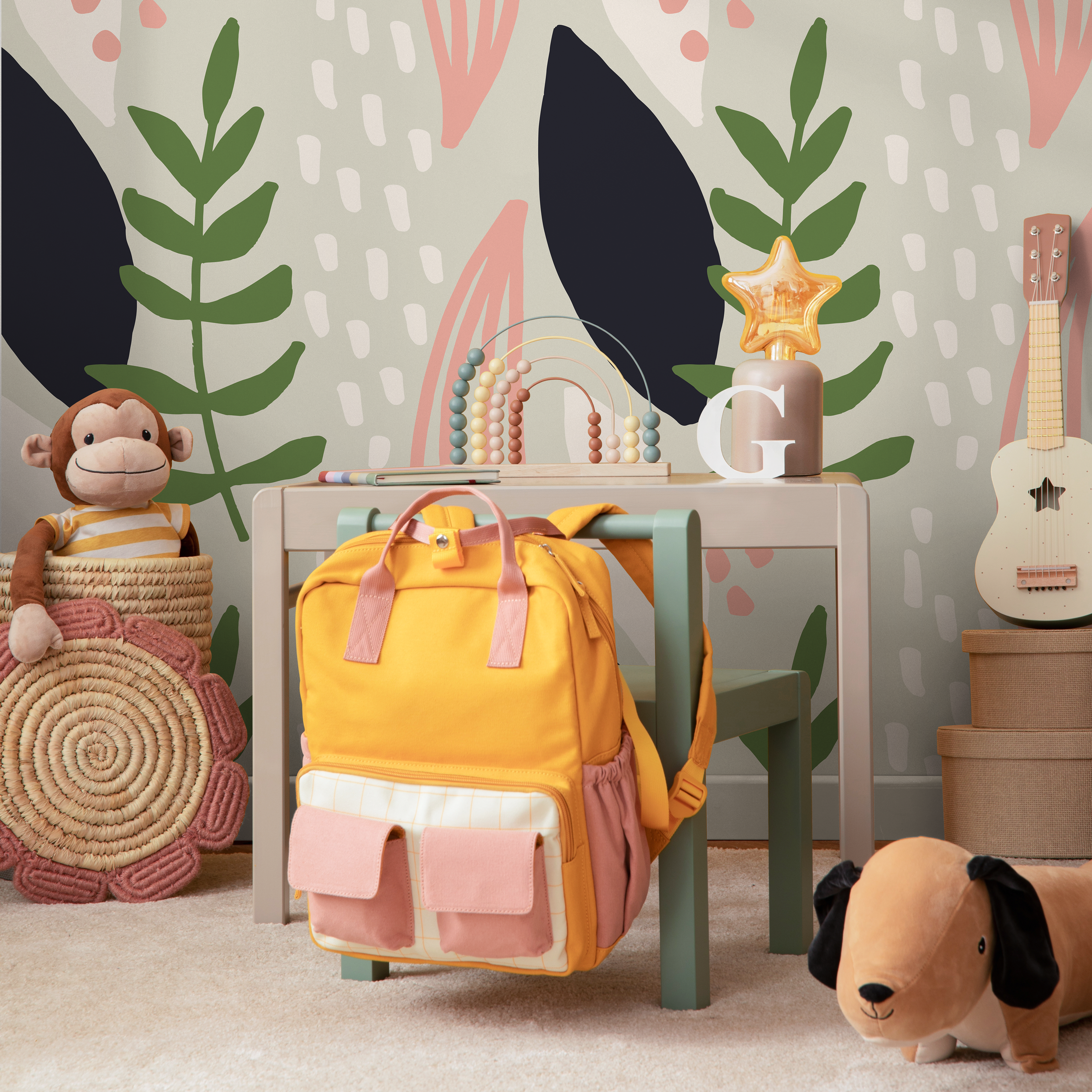 Abstract Wallpaper With Stylized Leaves In Green, Pink, And Black - B463