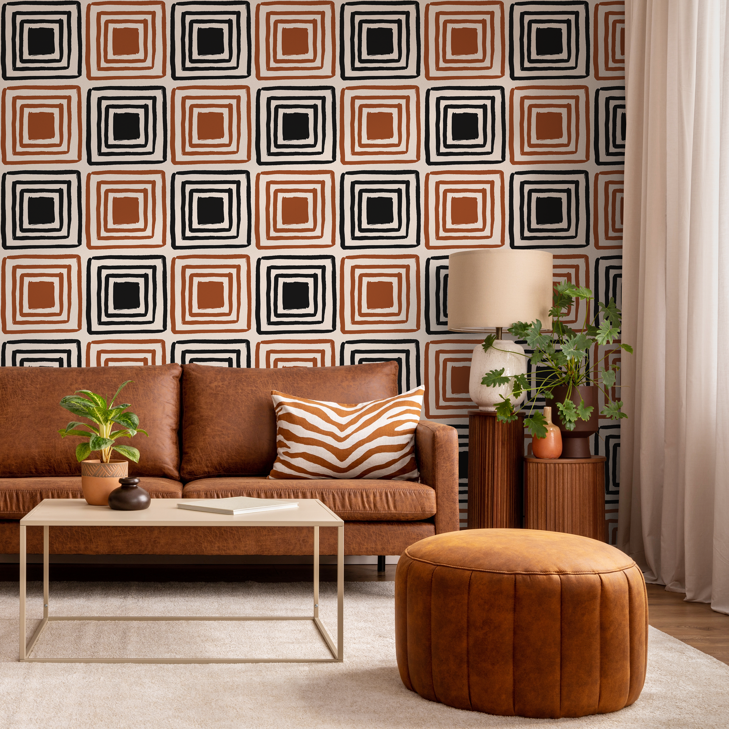 Geometric Wallpaper With Hand-drawn Squares In Black And Terracotta - B464