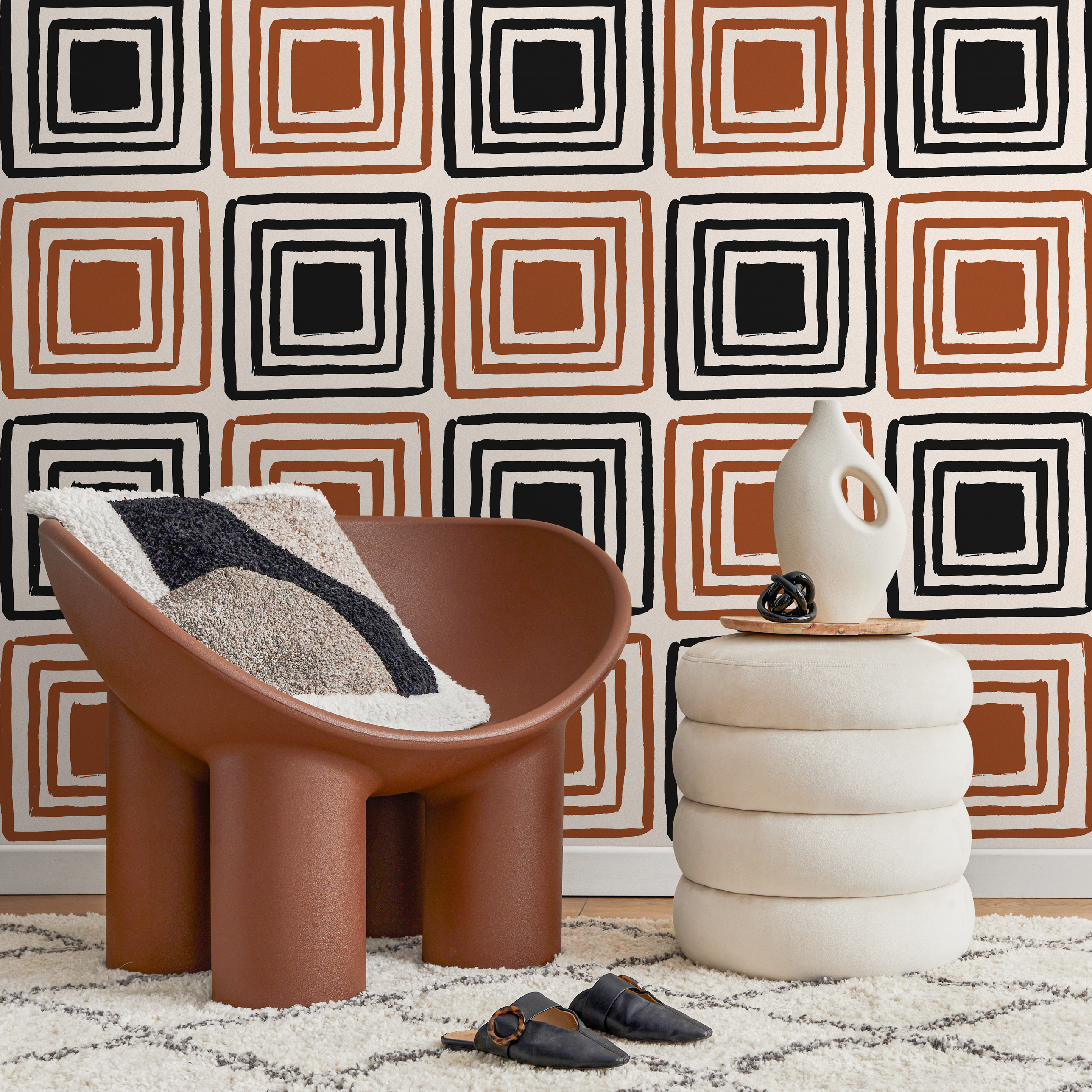 Geometric Wallpaper With Hand-drawn Squares In Black And Terracotta - B464
