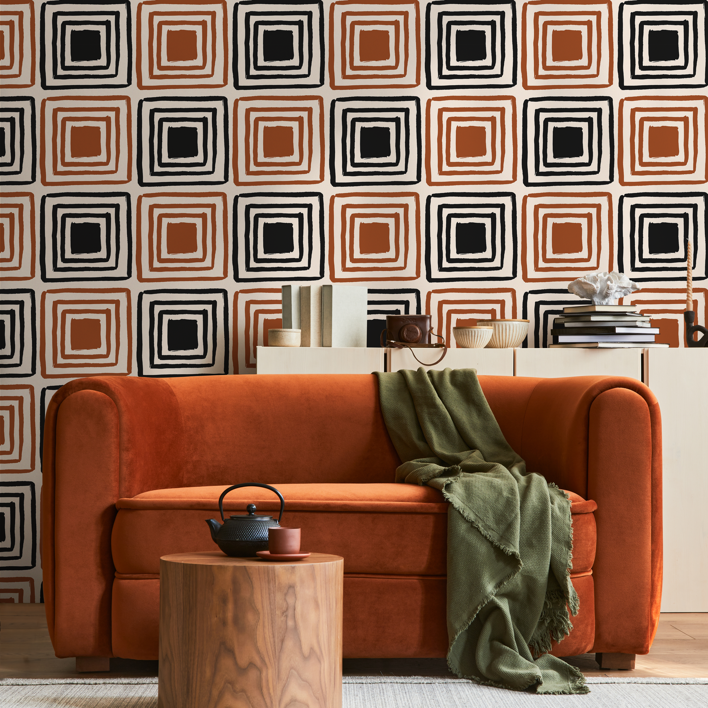 Geometric Wallpaper With Hand-drawn Squares In Black And Terracotta - B464
