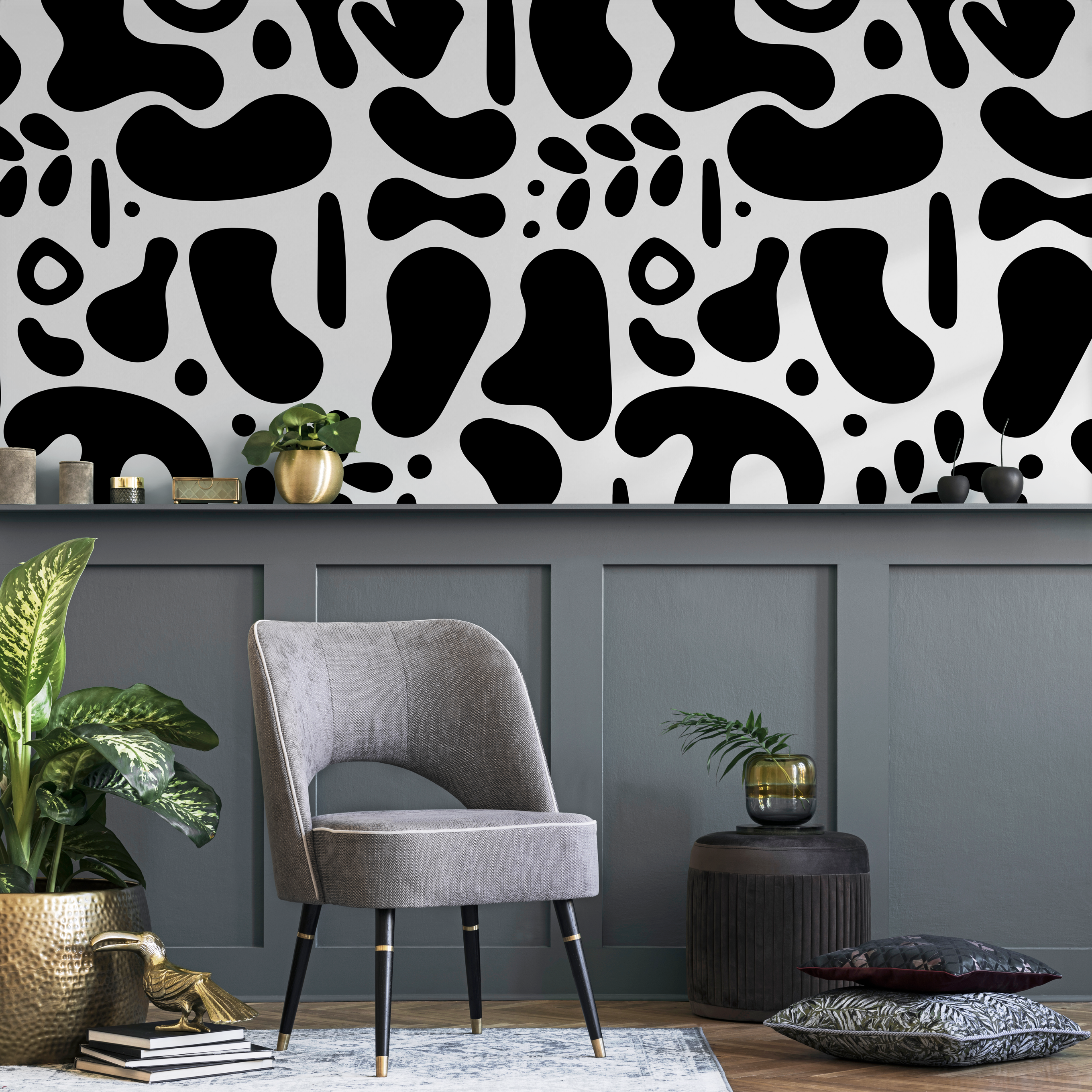 Abstract Wallpaper With Bold Organic Shapes In Black And White - B565