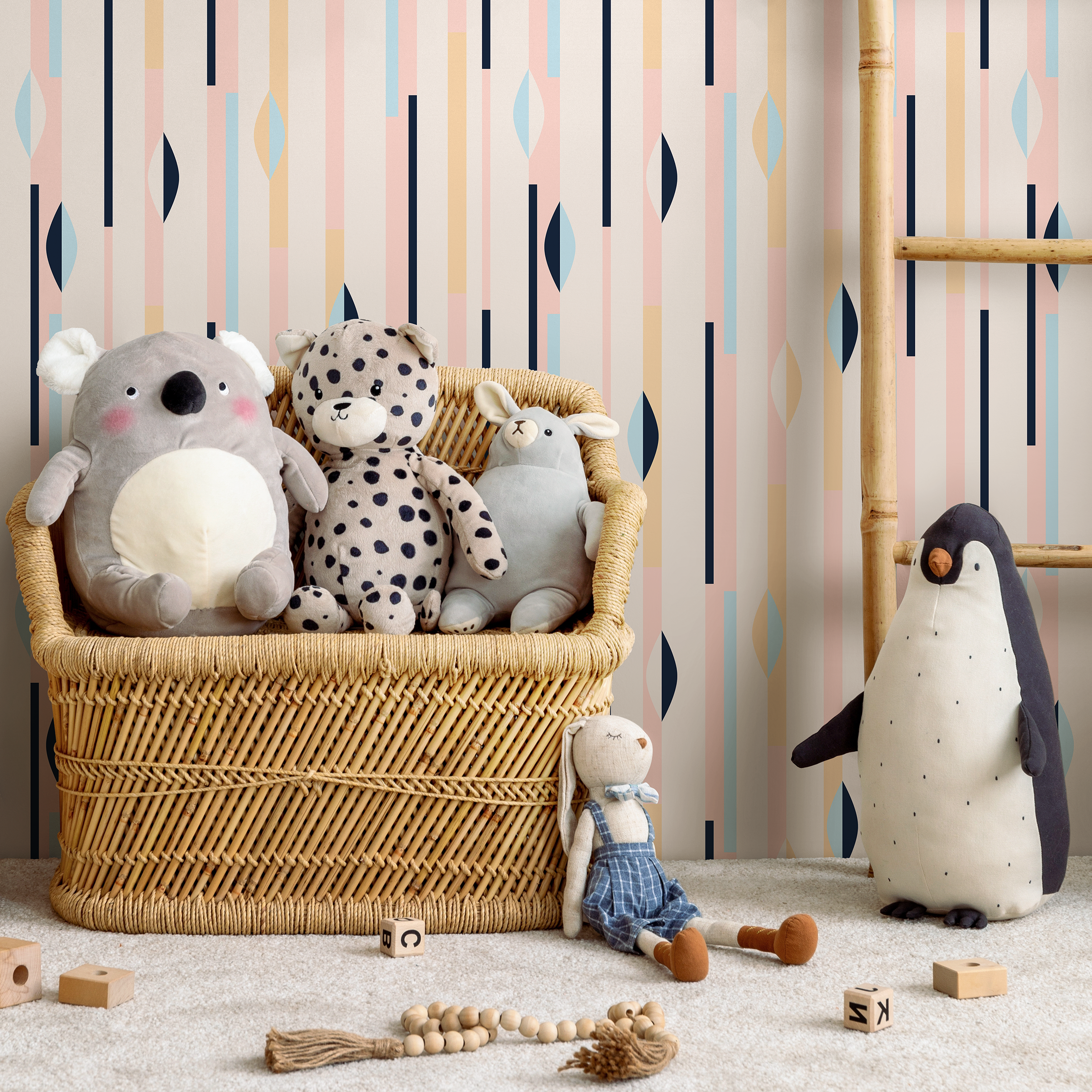 Geometric Wallpaper With Modern Stripes In Pink, Blue, And Navy - B466