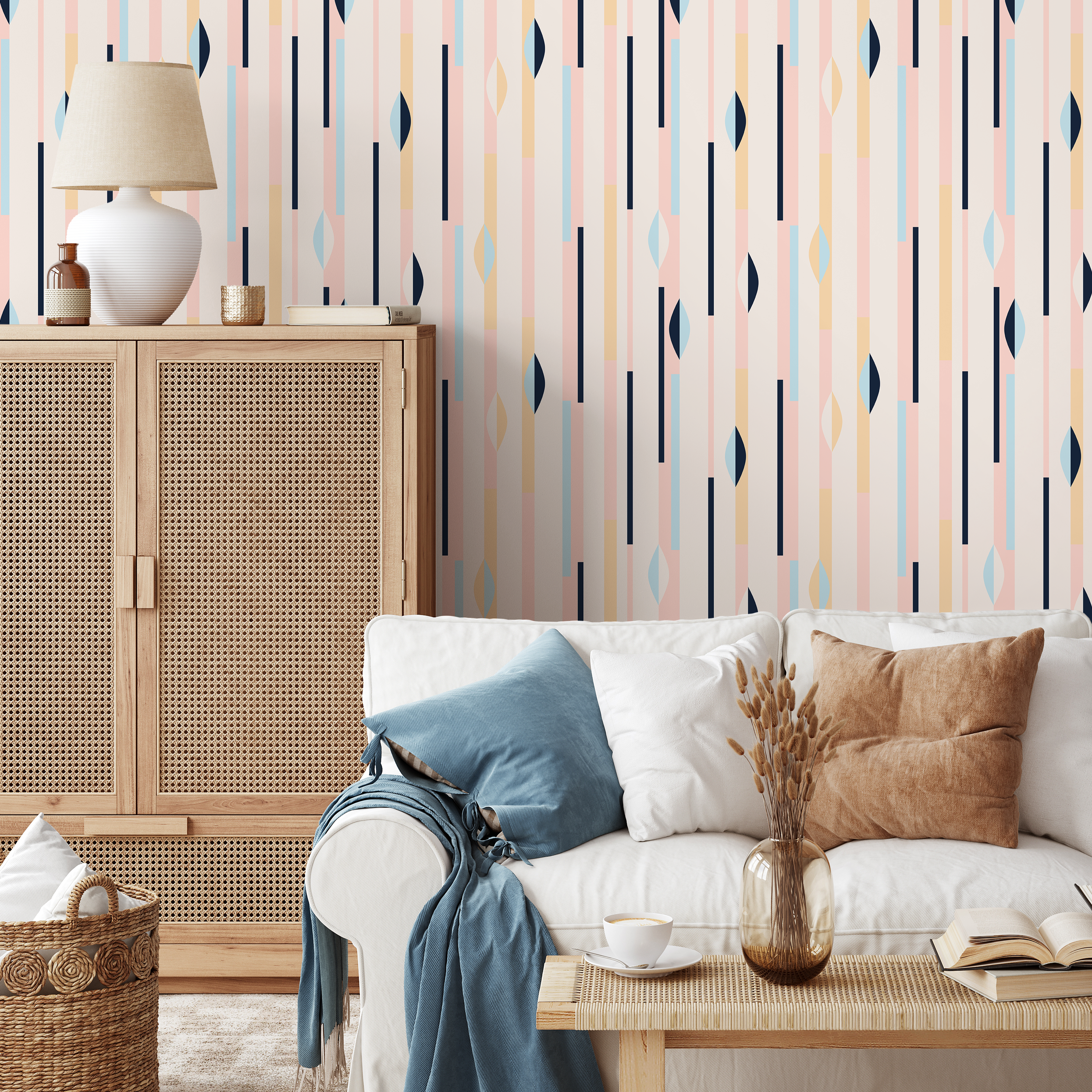Geometric Wallpaper With Modern Stripes In Pink, Blue, And Navy - B466