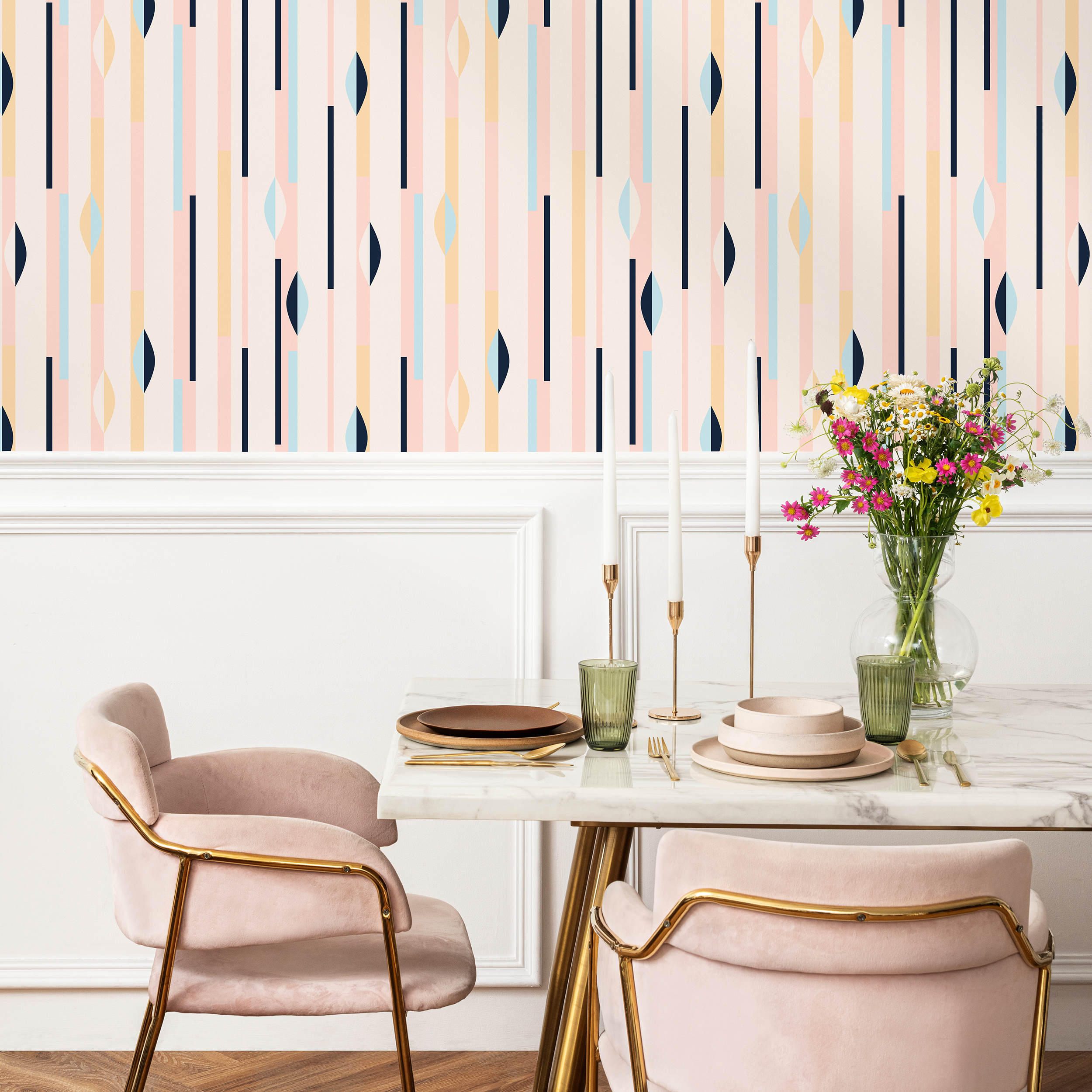 Geometric Wallpaper With Modern Stripes In Pink, Blue, And Navy - B466