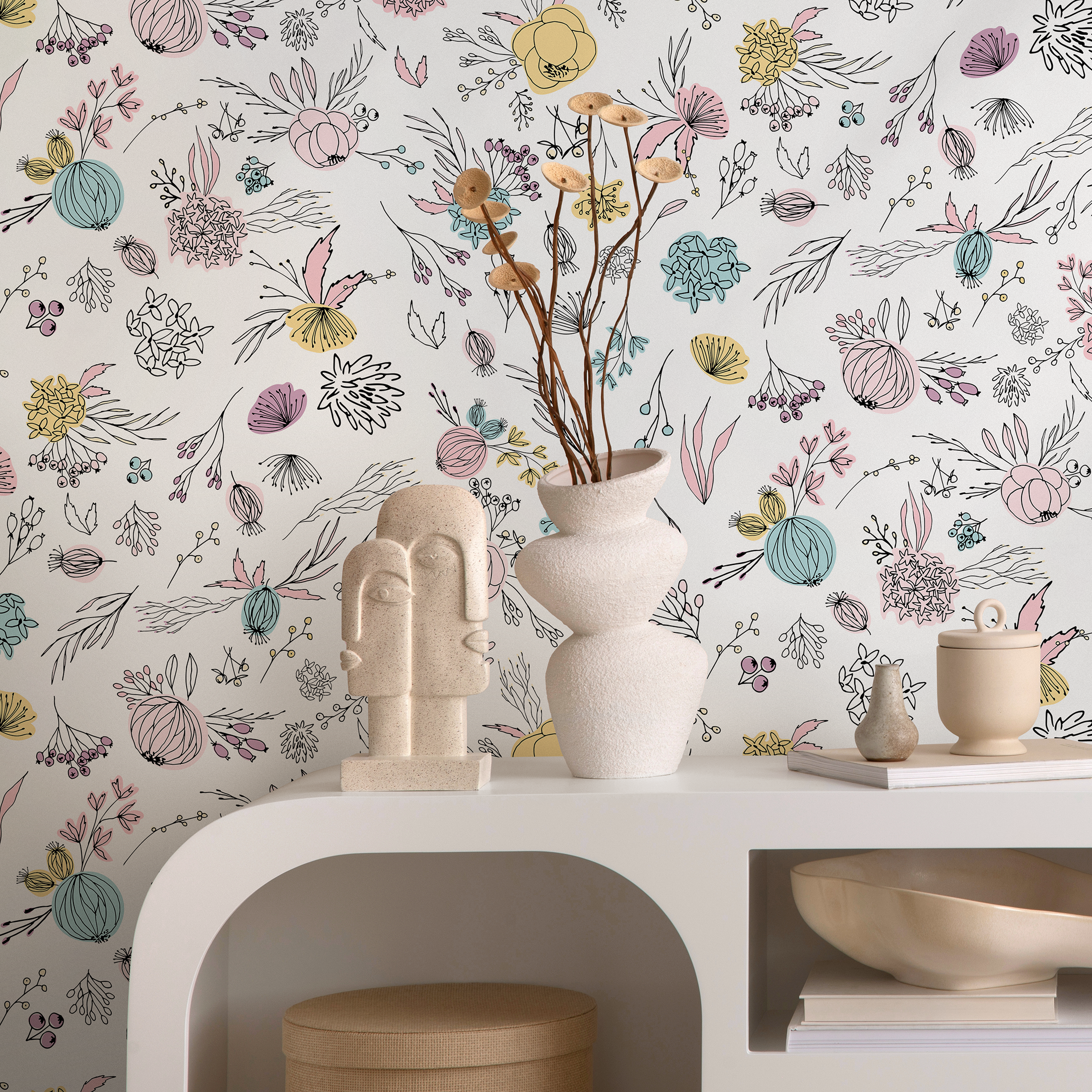 Floral Wallpaper With Hand-drawn Wildflowers In Pink, Blue, And Yellow - B467