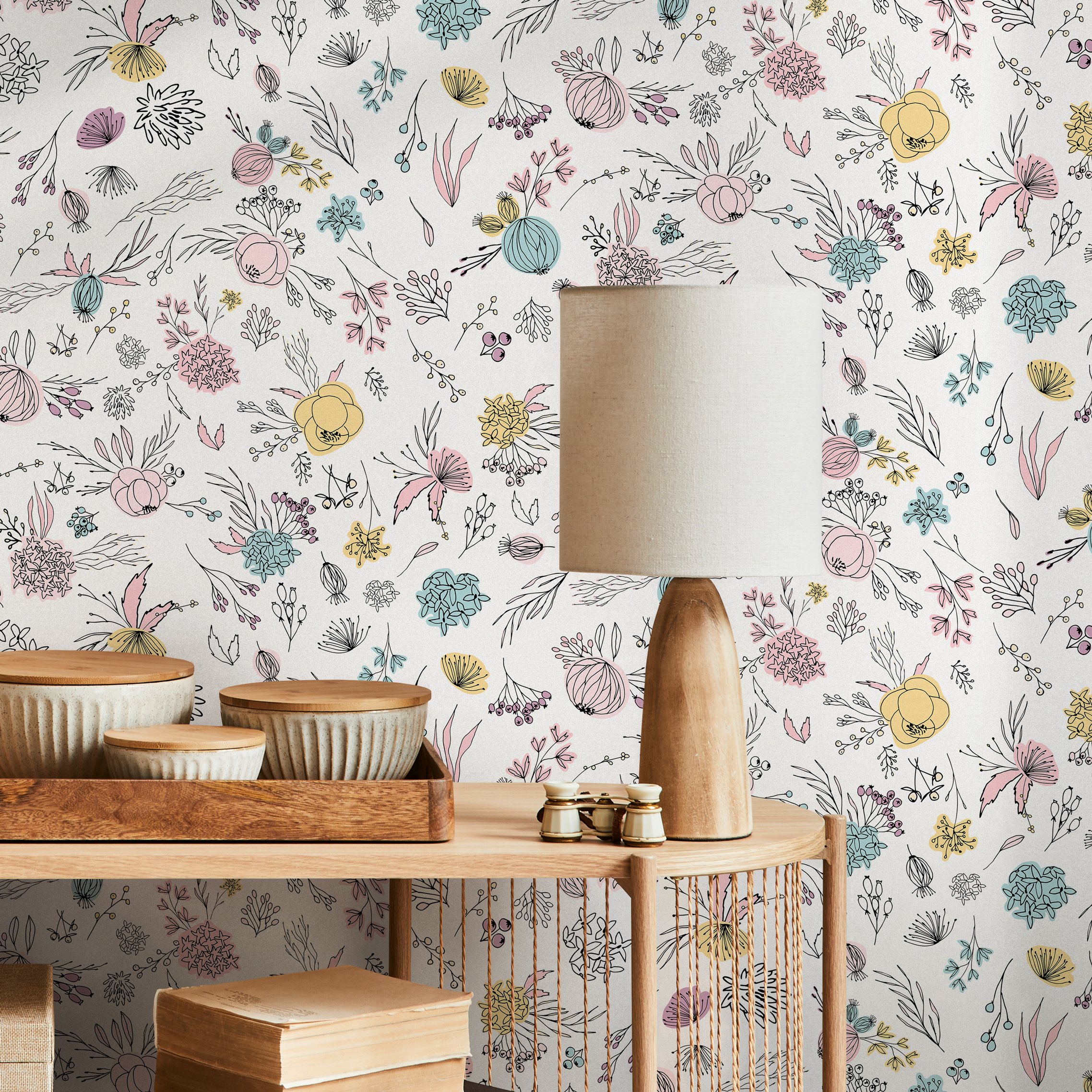 Floral Wallpaper With Hand-drawn Wildflowers In Pink, Blue, And Yellow - B467