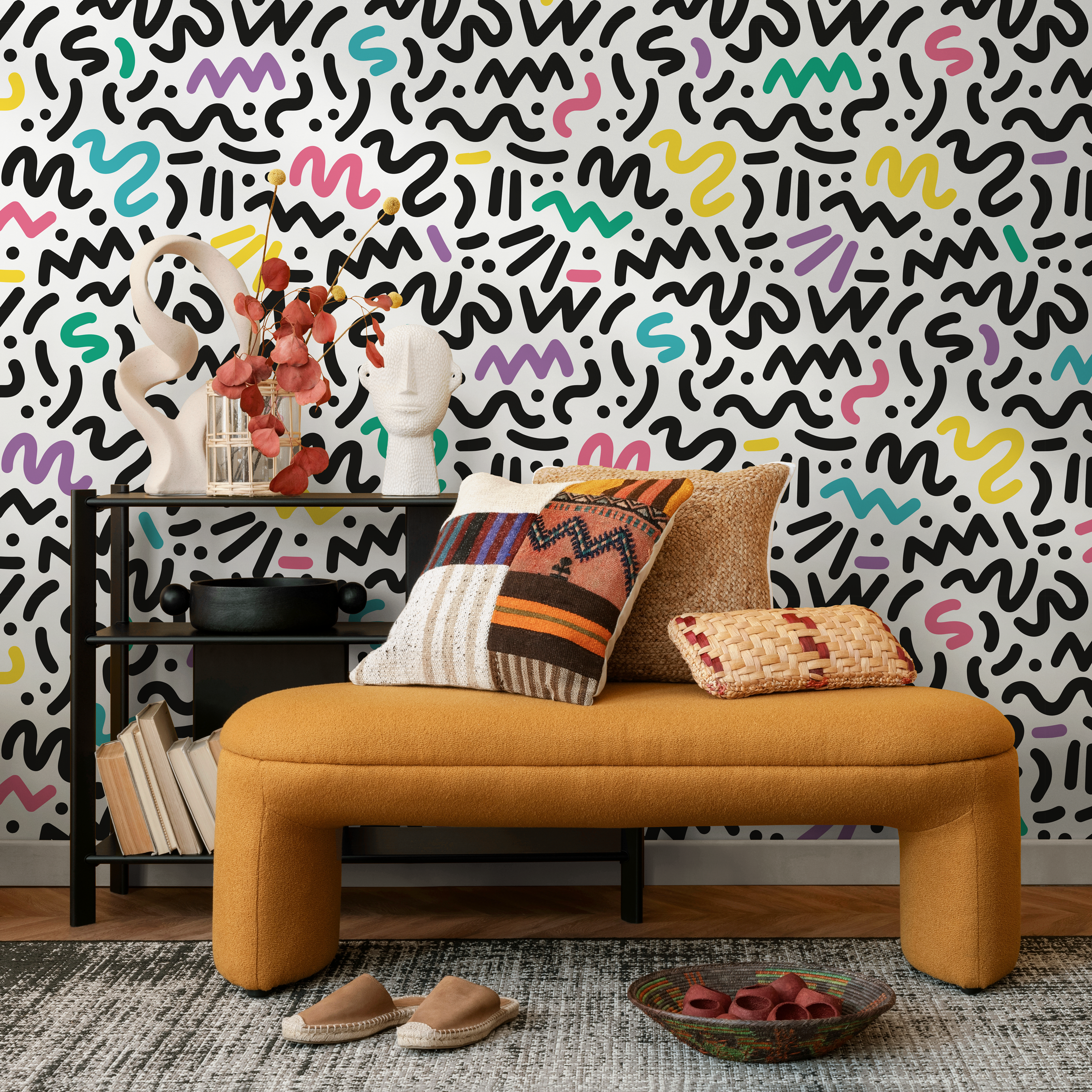 Memphis Style Wallpaper With Abstract Squiggles In Black, Yellow, And Teal - As1-b484