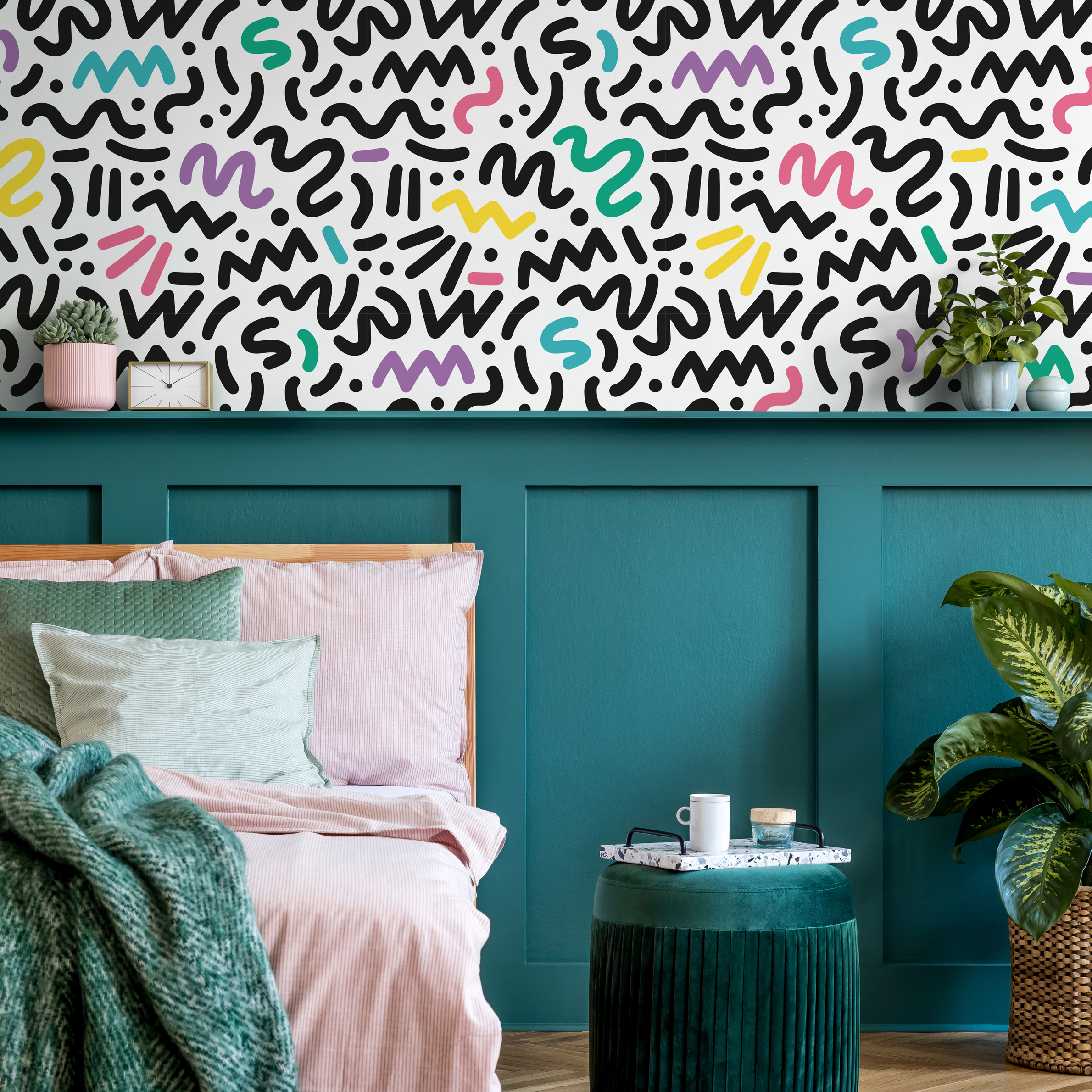 Memphis Style Wallpaper With Abstract Squiggles In Black, Yellow, And Teal - As1-b484