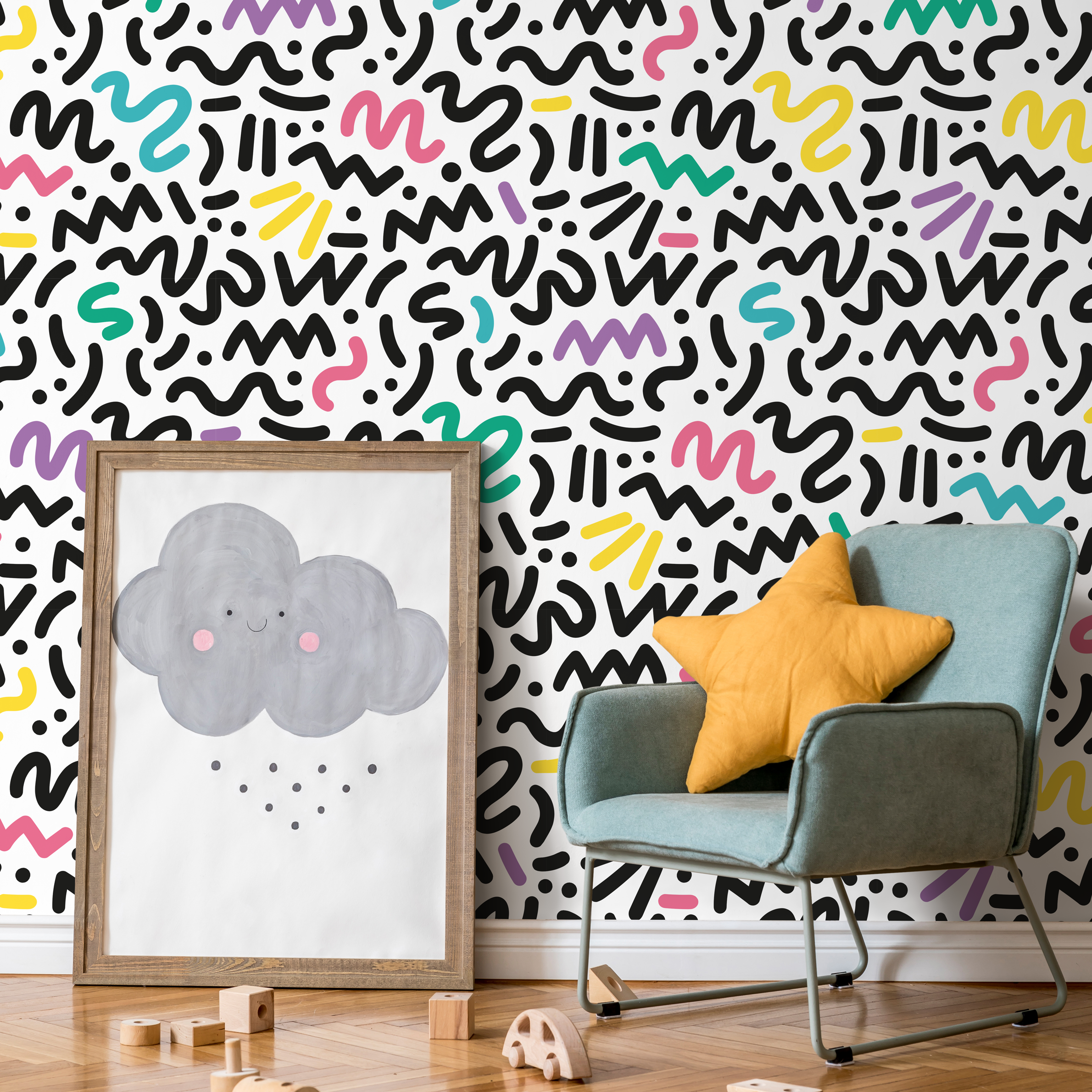 Memphis Style Wallpaper With Abstract Squiggles In Black, Yellow, And Teal - As1-b484