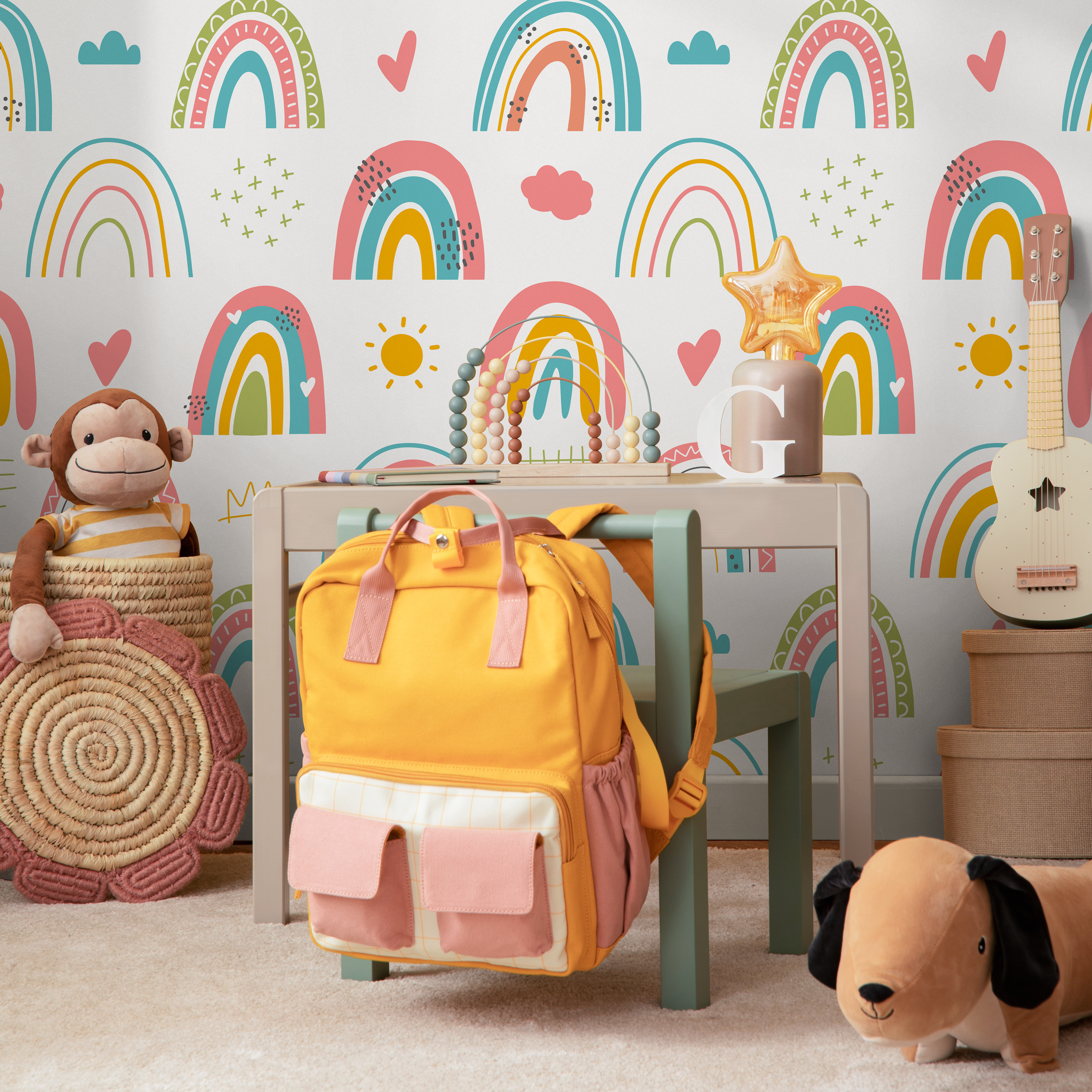 Scandinavian Wallpaper With Hand-drawn Rainbows In Pink, Yellow, And Teal - B487