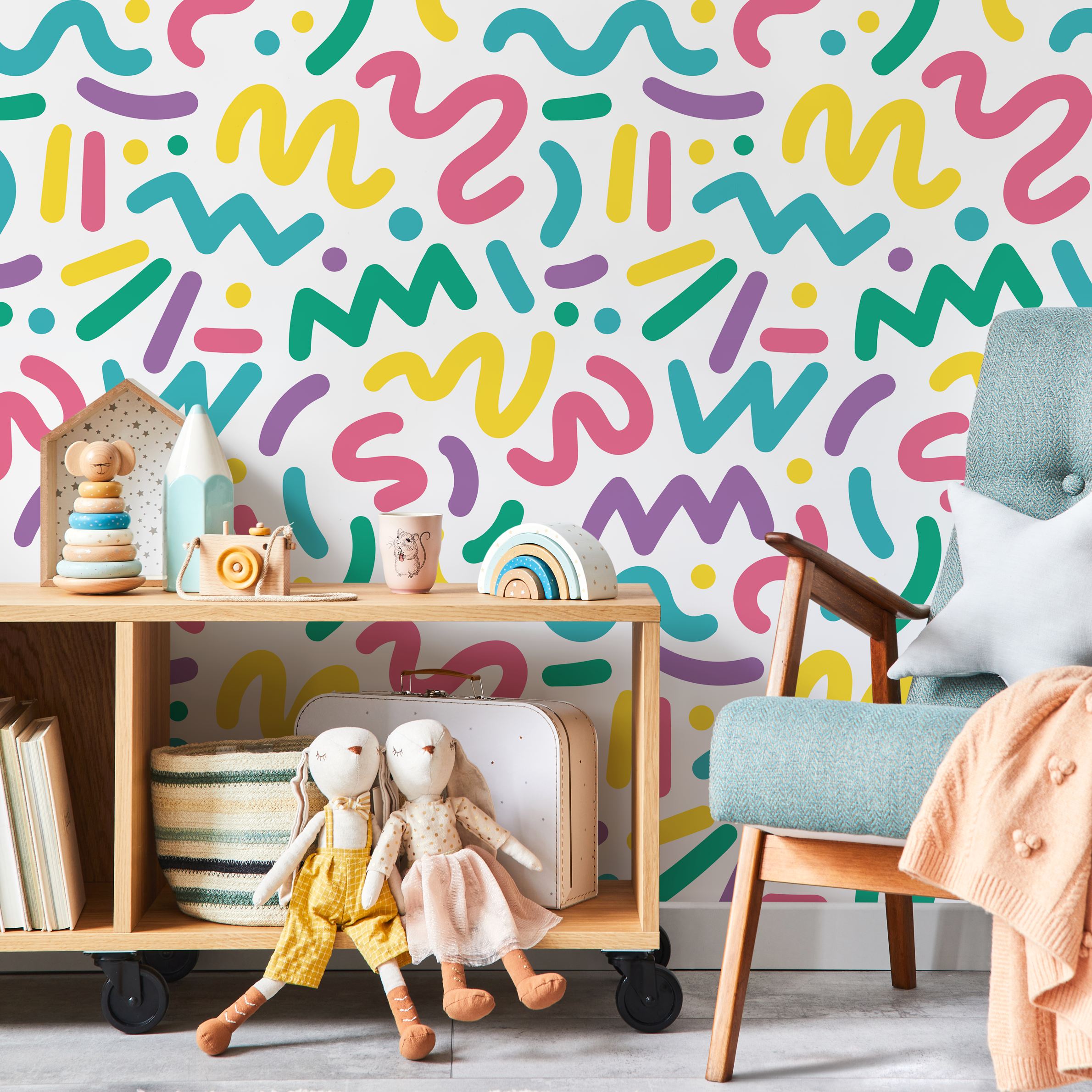 Abstract Wallpaper With Colorful Squiggles In Yellow, Pink, And Teal - As1-b492