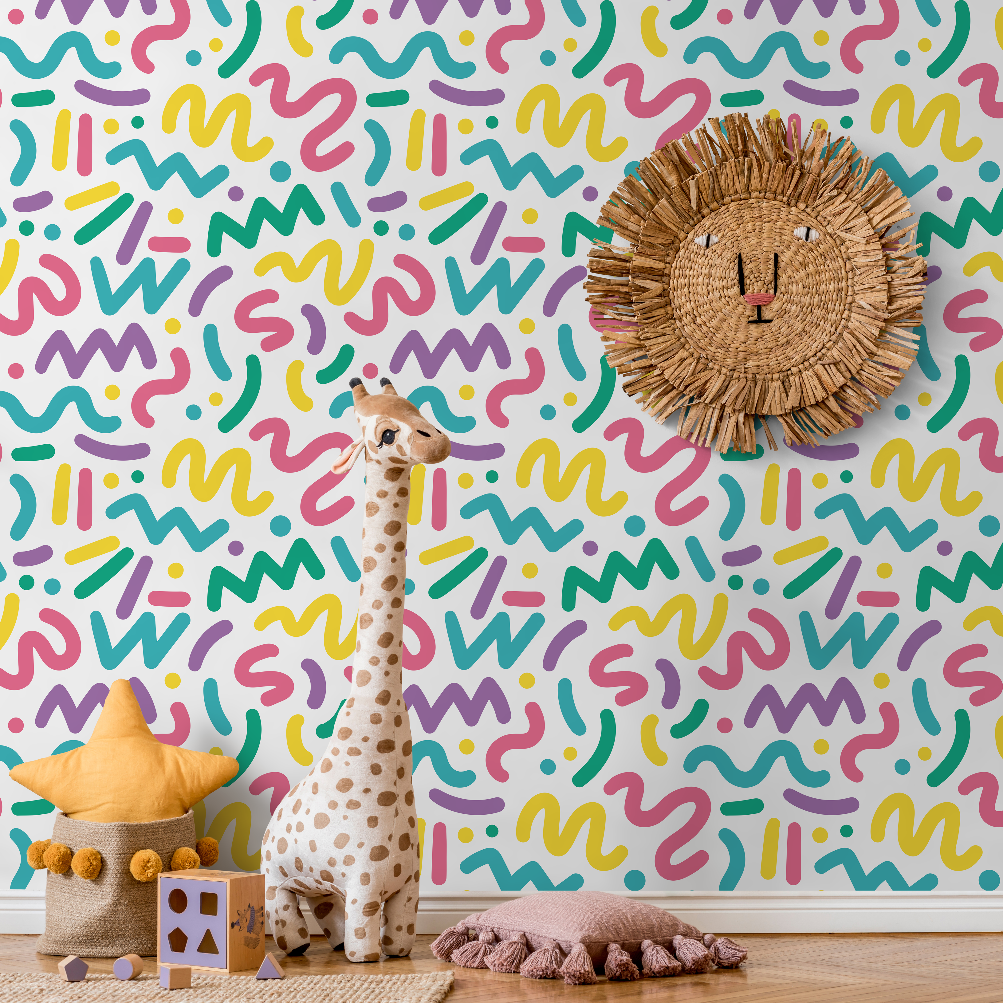 Abstract Wallpaper With Colorful Squiggles In Yellow, Pink, And Teal - As1-b492