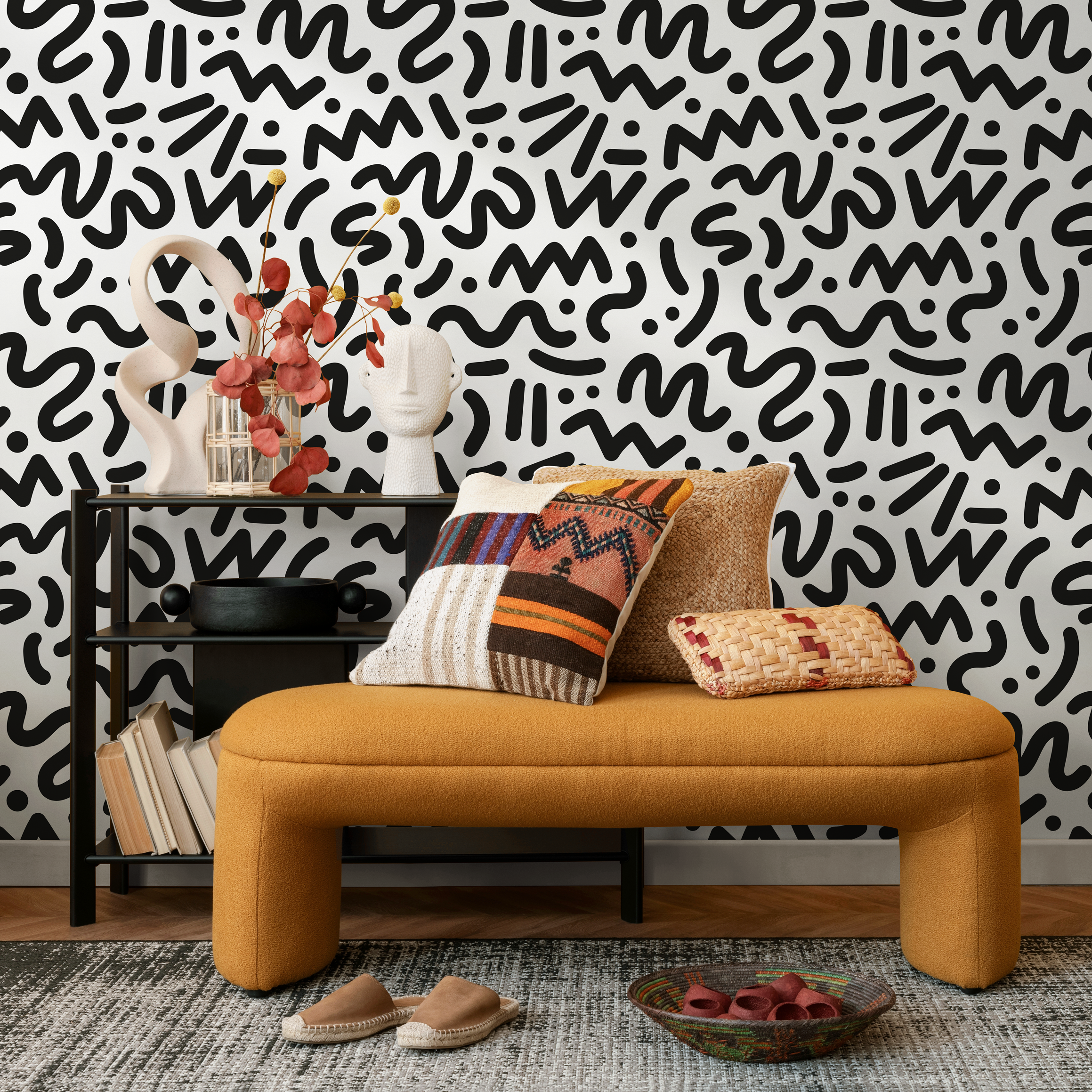 Abstract Wallpaper With A Bold Doodle Pattern In Black And White - B493
