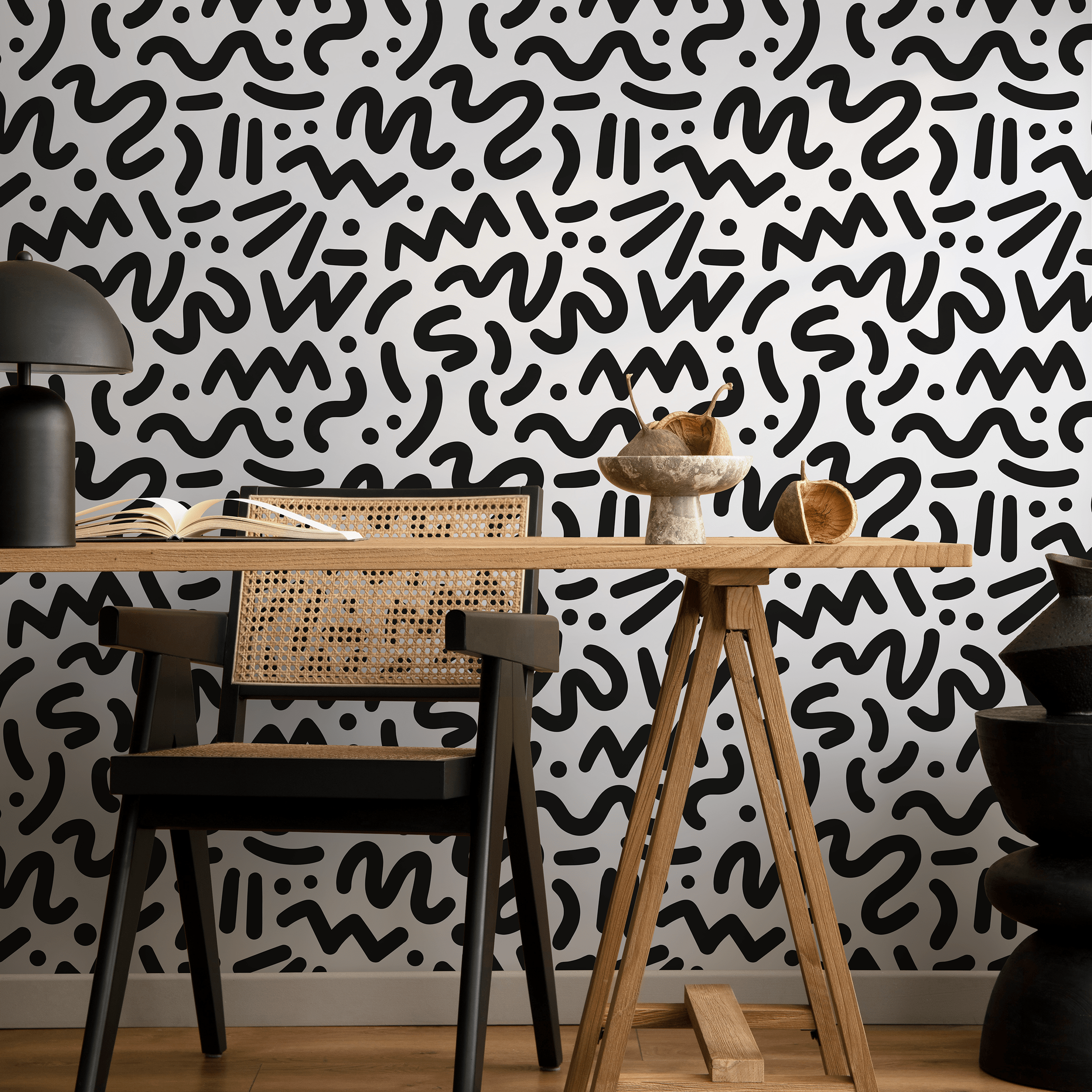 Abstract Wallpaper With A Bold Doodle Pattern In Black And White - B493