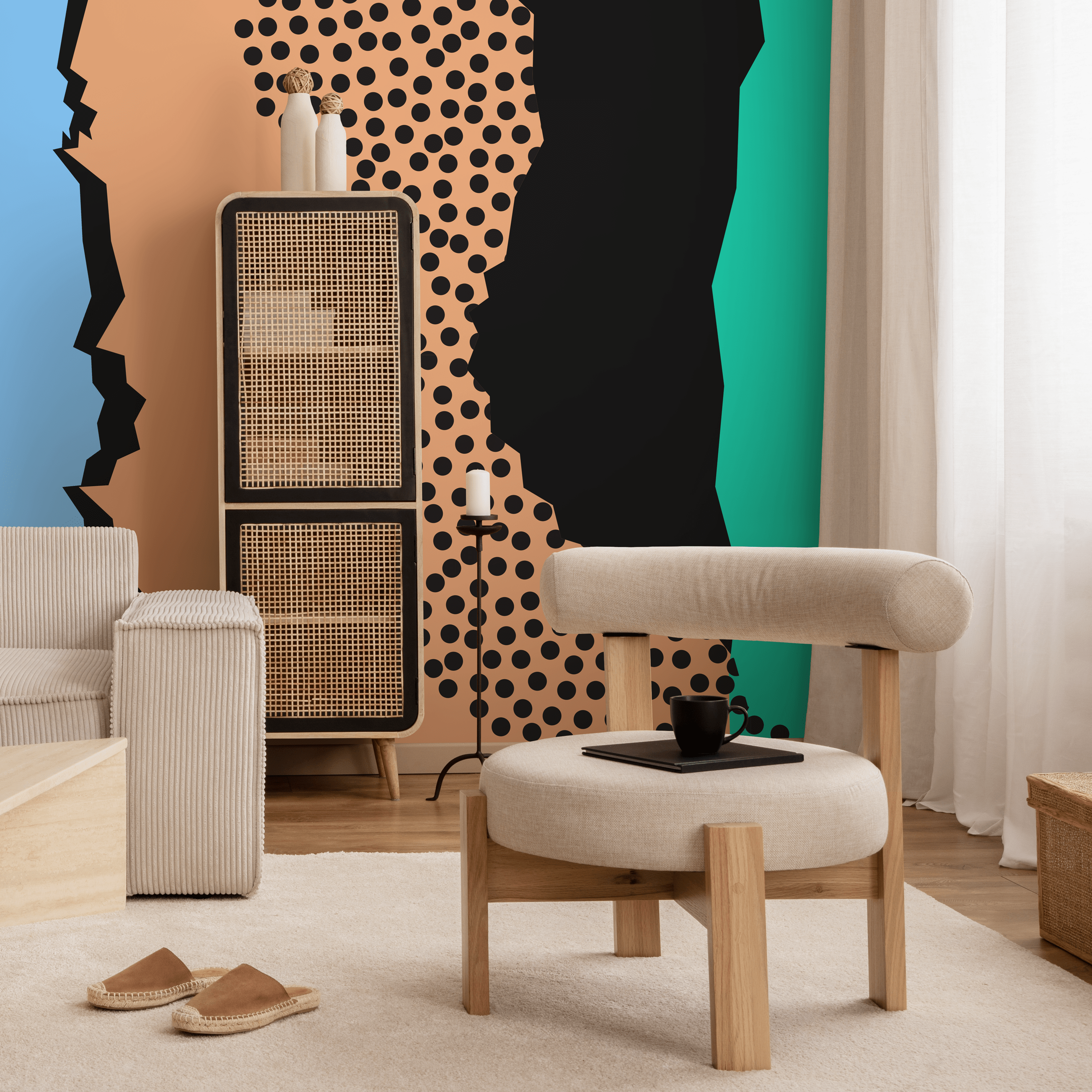 Abstract Wallpaper With Polka Dots And Jagged Shapes In Black, Blue, And Tan - B497