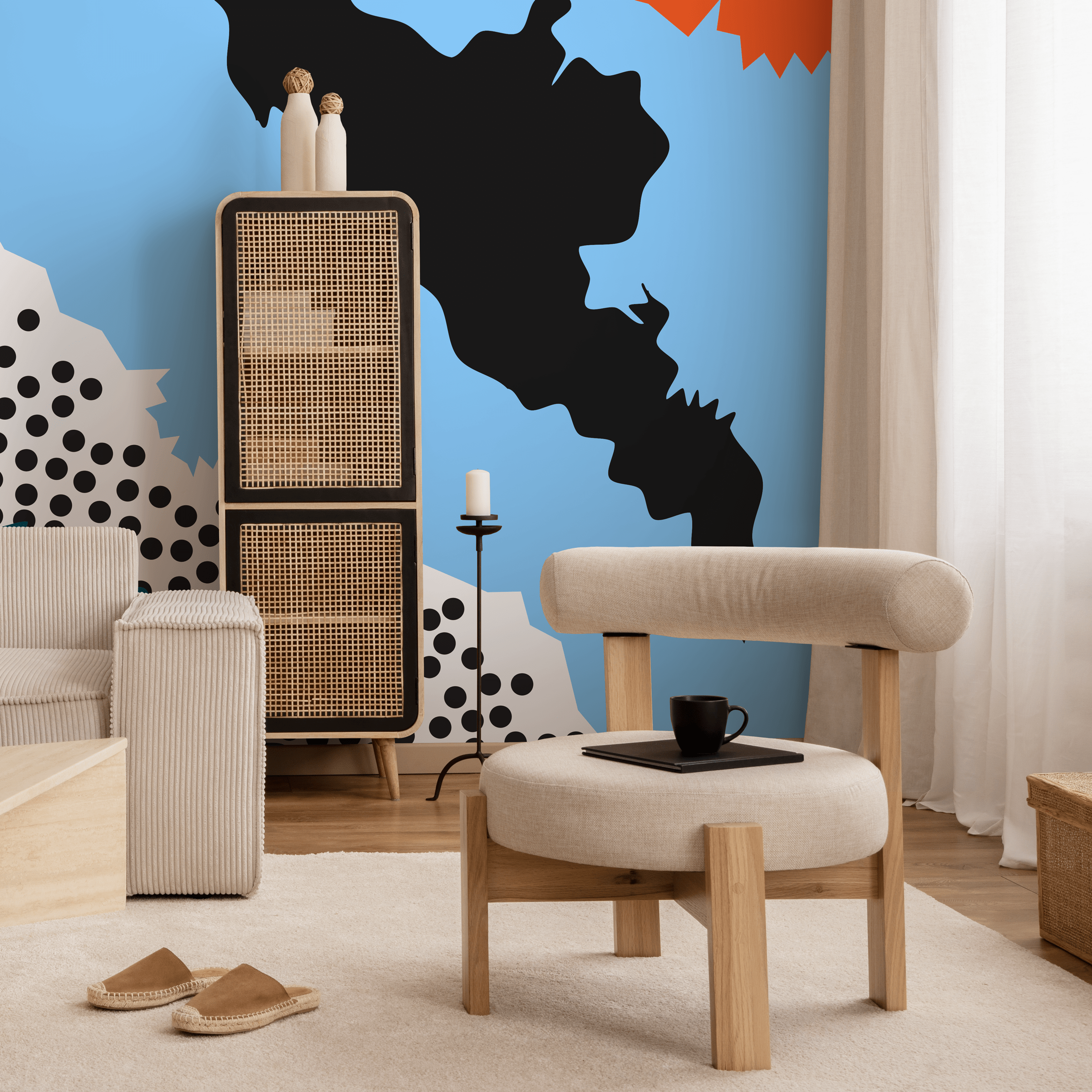 Abstract Wallpaper With Bold Cut-out Shapes In Blue, Black, And Orange - B498
