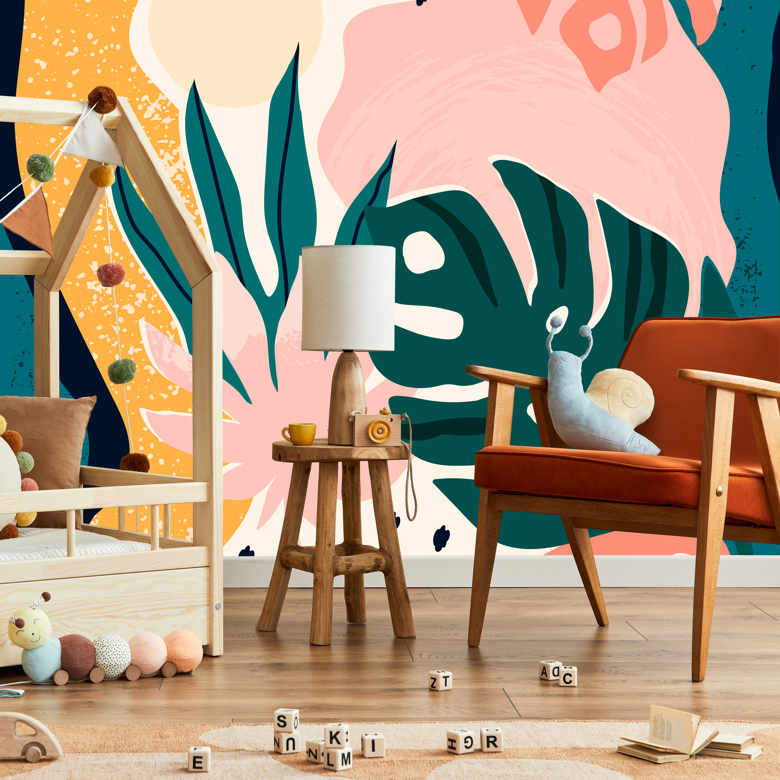 Abstract Wallpaper With Tropical Monstera Leaves In Teal, Pink, And Yellow - B500