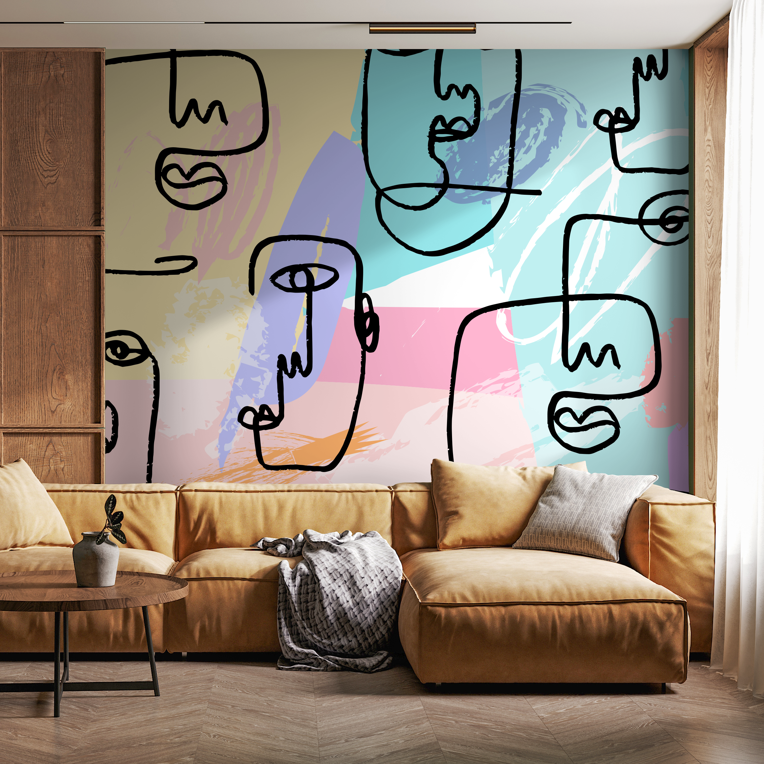Abstract Wallpaper With Continuous Line Art Faces In Blue, Pink, And Purple - B501