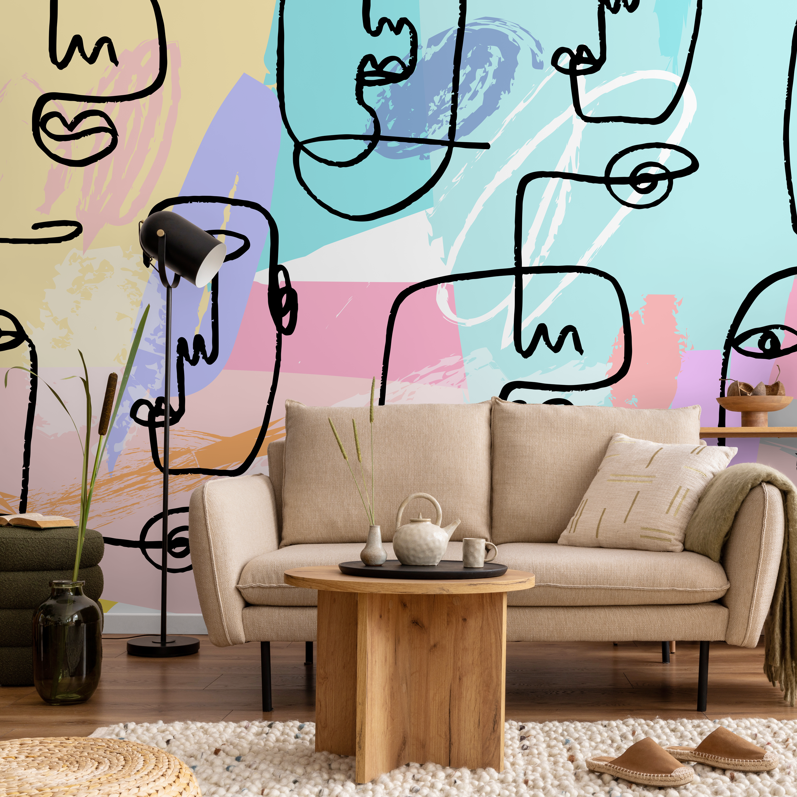 Abstract Wallpaper With Continuous Line Art Faces In Blue, Pink, And Purple - B501