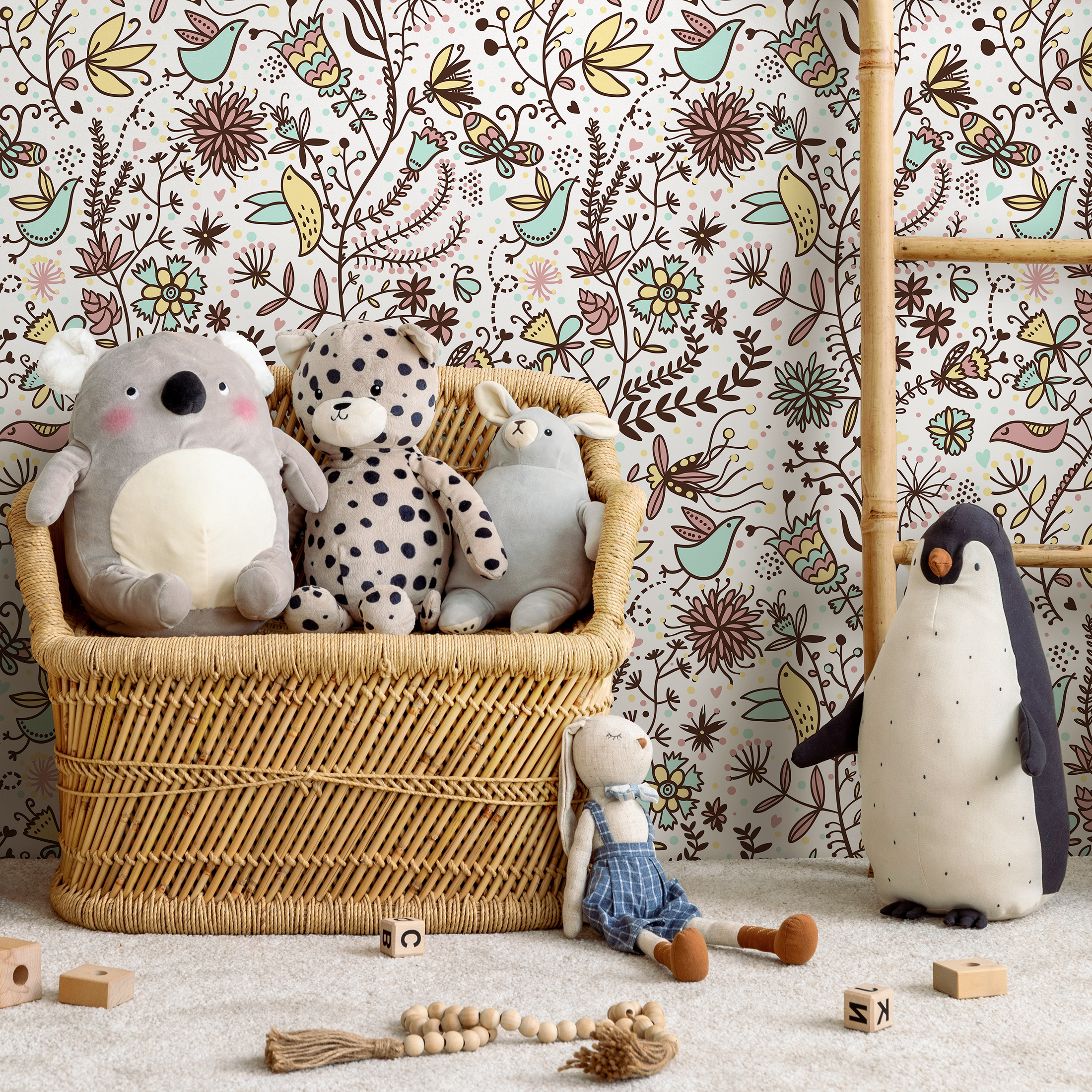 Folk Art Wallpaper With Whimsical Birds And Flowers In Brown, Pink, And Blue - B505