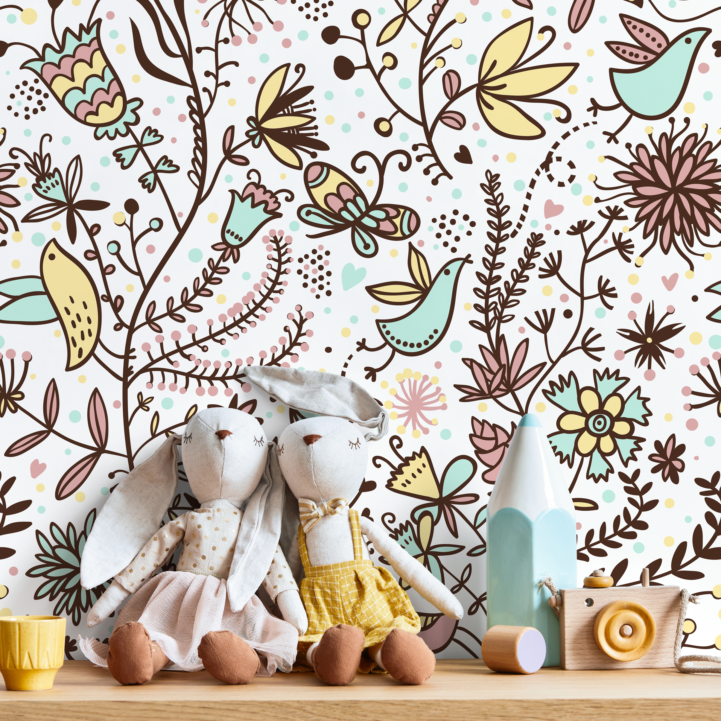 Folk Art Wallpaper With Whimsical Birds And Flowers In Brown, Pink, And Blue - B505