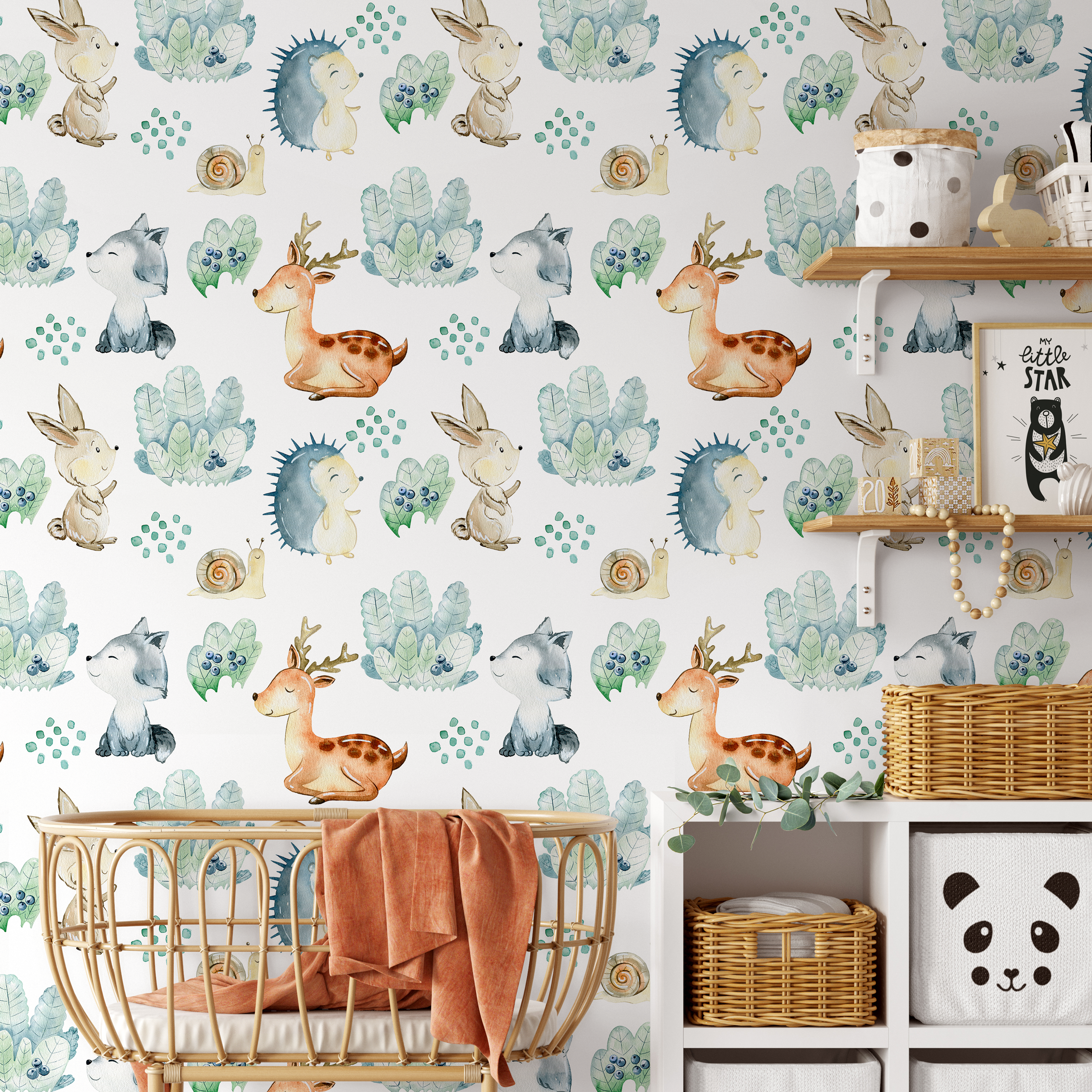 Woodland Wallpaper With Watercolor Forest Animals In Brown, Blue, And Green - B509
