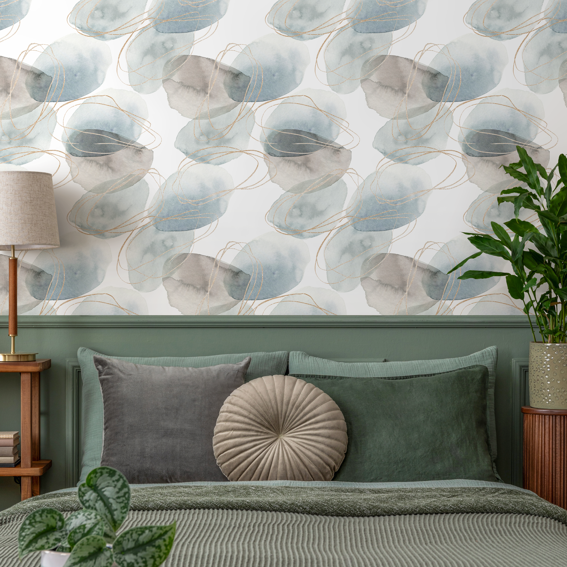 Abstract Wallpaper With Watercolor Orbs And Gold Lines In Blue And Gray - B510