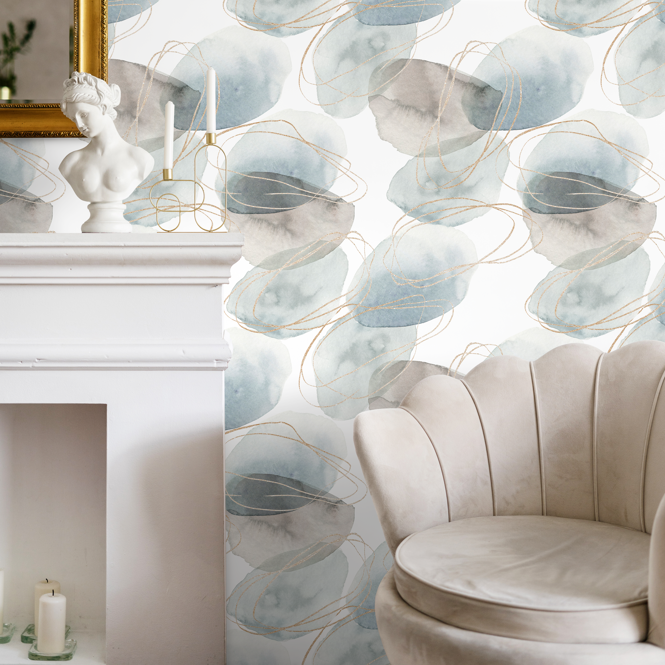 Abstract Wallpaper With Watercolor Orbs And Gold Lines In Blue And Gray - B510