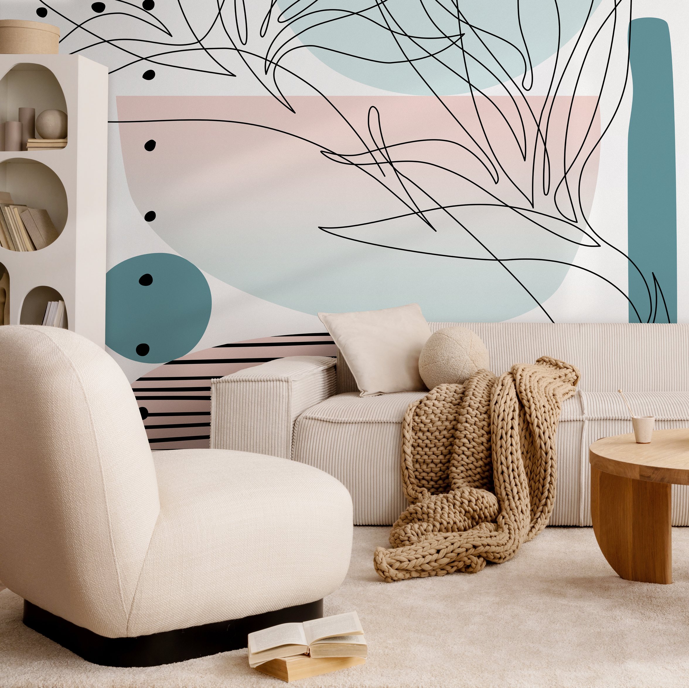Abstract Wallpaper With Modern Line Art In Pink, Teal, And Black - B511