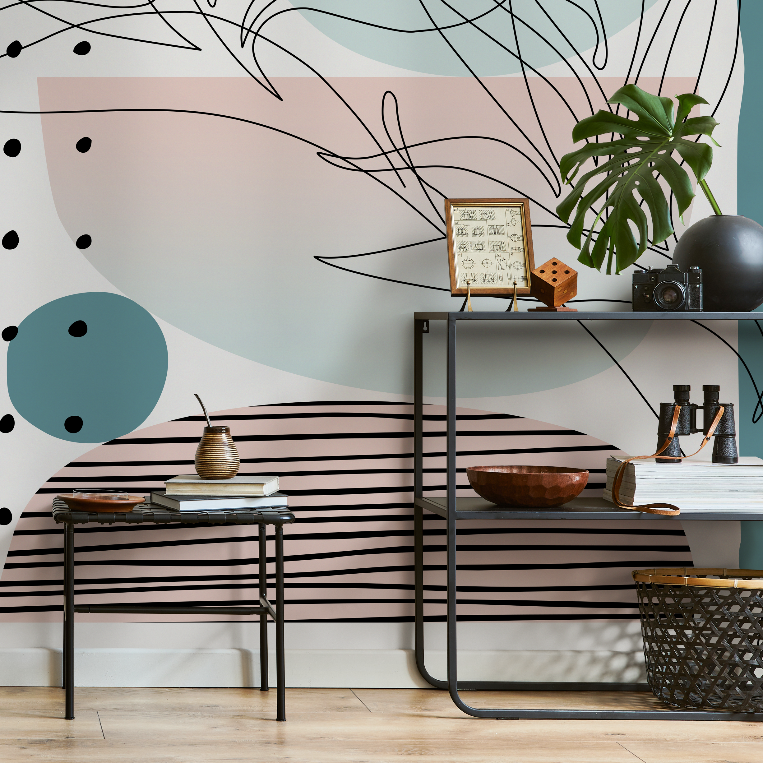 Abstract Wallpaper With Modern Line Art In Pink, Teal, And Black - B511