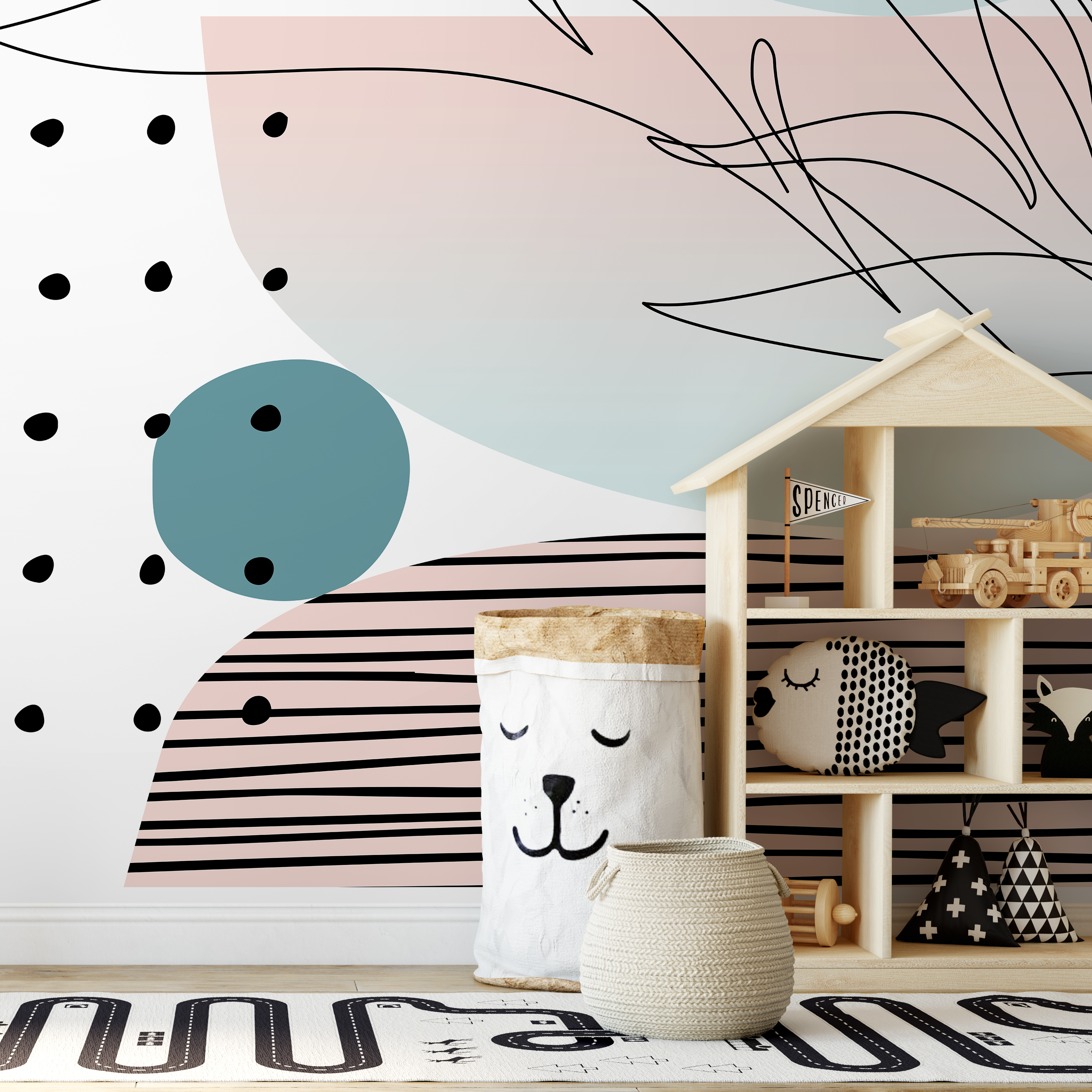 Abstract Wallpaper With Modern Line Art In Pink, Teal, And Black - B511