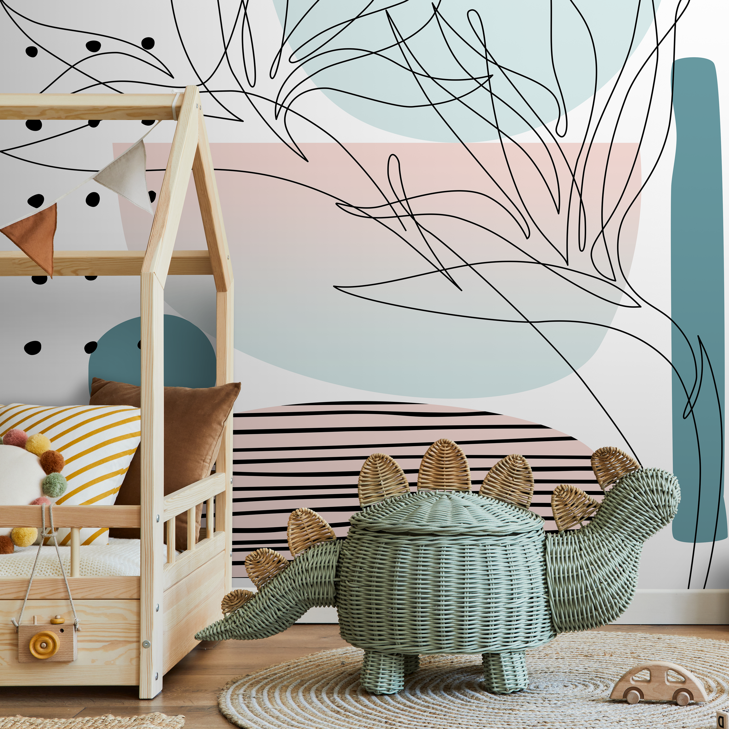 Abstract Wallpaper With Modern Line Art In Pink, Teal, And Black - B511