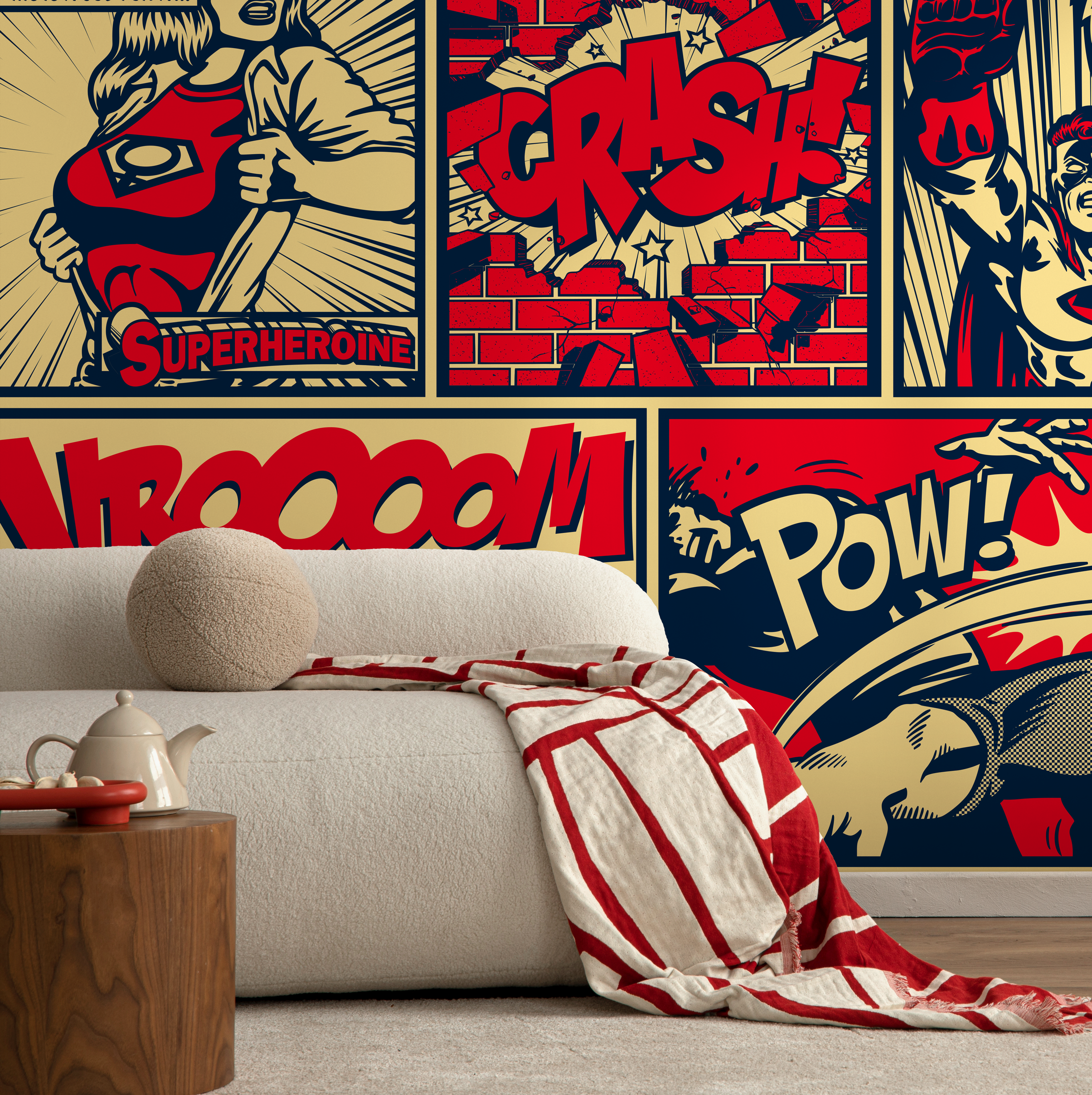 Pop Art Wallpaper With A Superhero Comic Mural In Red, Blue, And Beige - B513