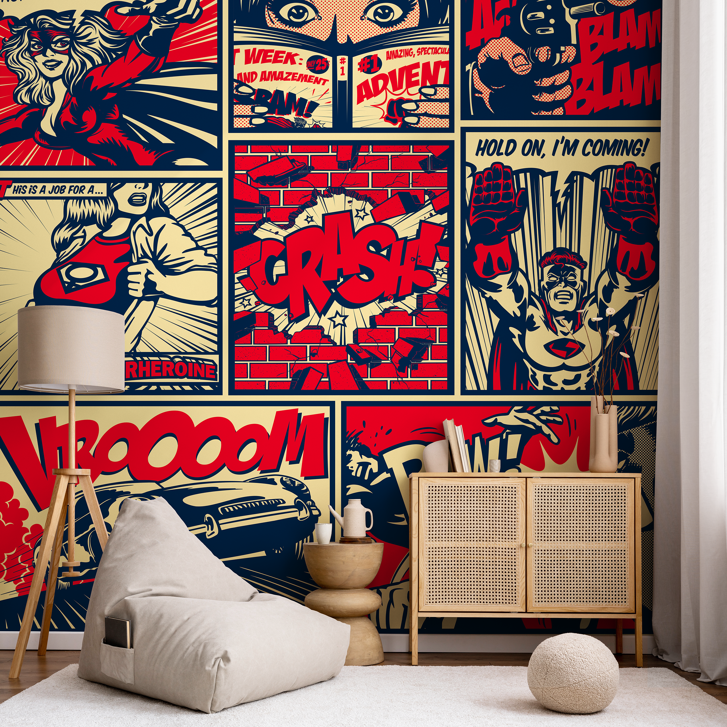 Pop Art Wallpaper With A Superhero Comic Mural In Red, Blue, And Beige - B513