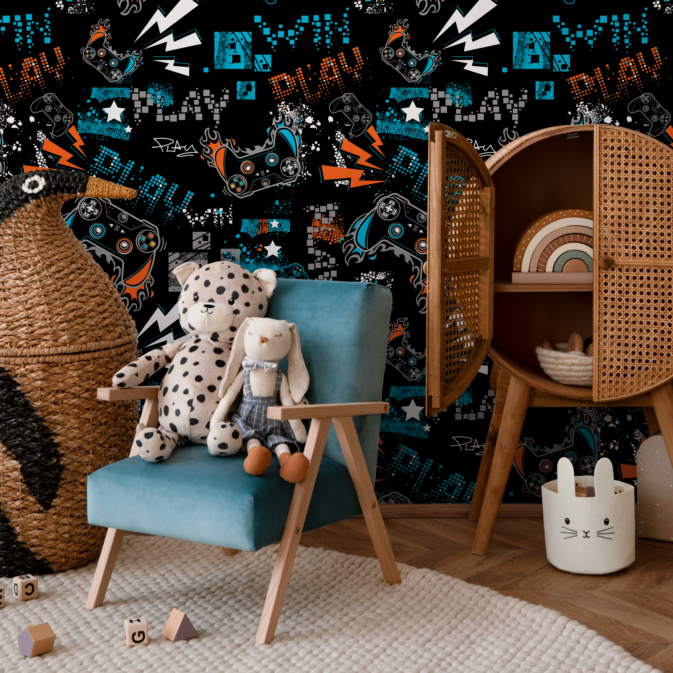 Video Game Wallpaper With A Graffiti Controller Motif In Blue And Orange - B515