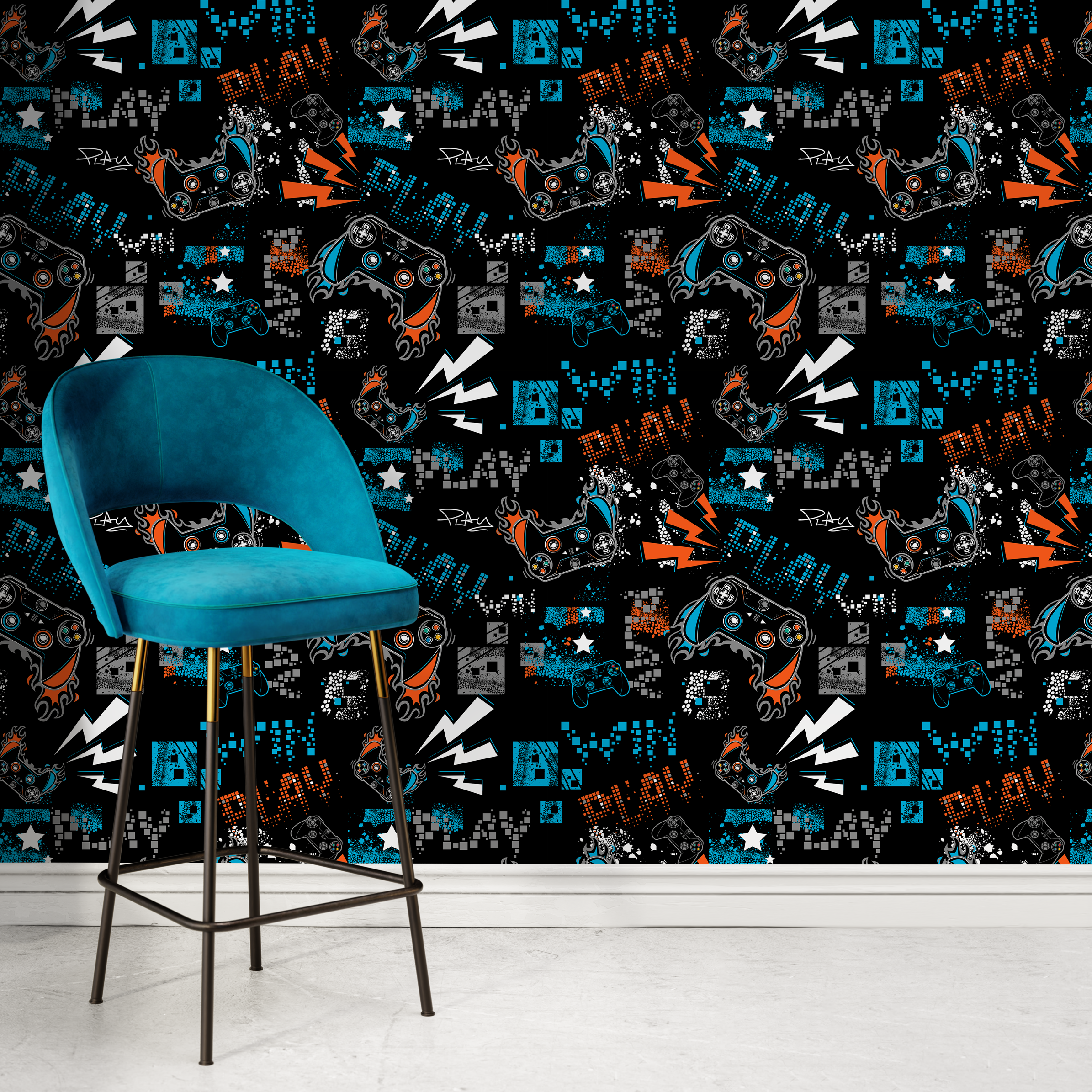 Video Game Wallpaper With A Graffiti Controller Motif In Blue And Orange - B515
